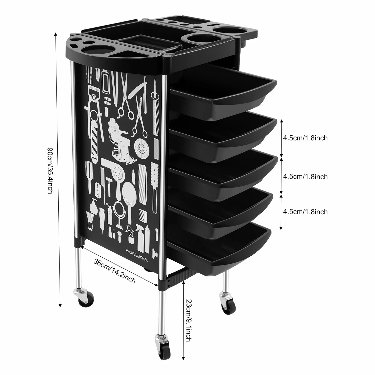 Carrello da parrucchiere con 5 cassetti, pieghevole, per salone e salone di unghie, in materiale PP, portata 80 kg, 36 x 90 cm, colore nero