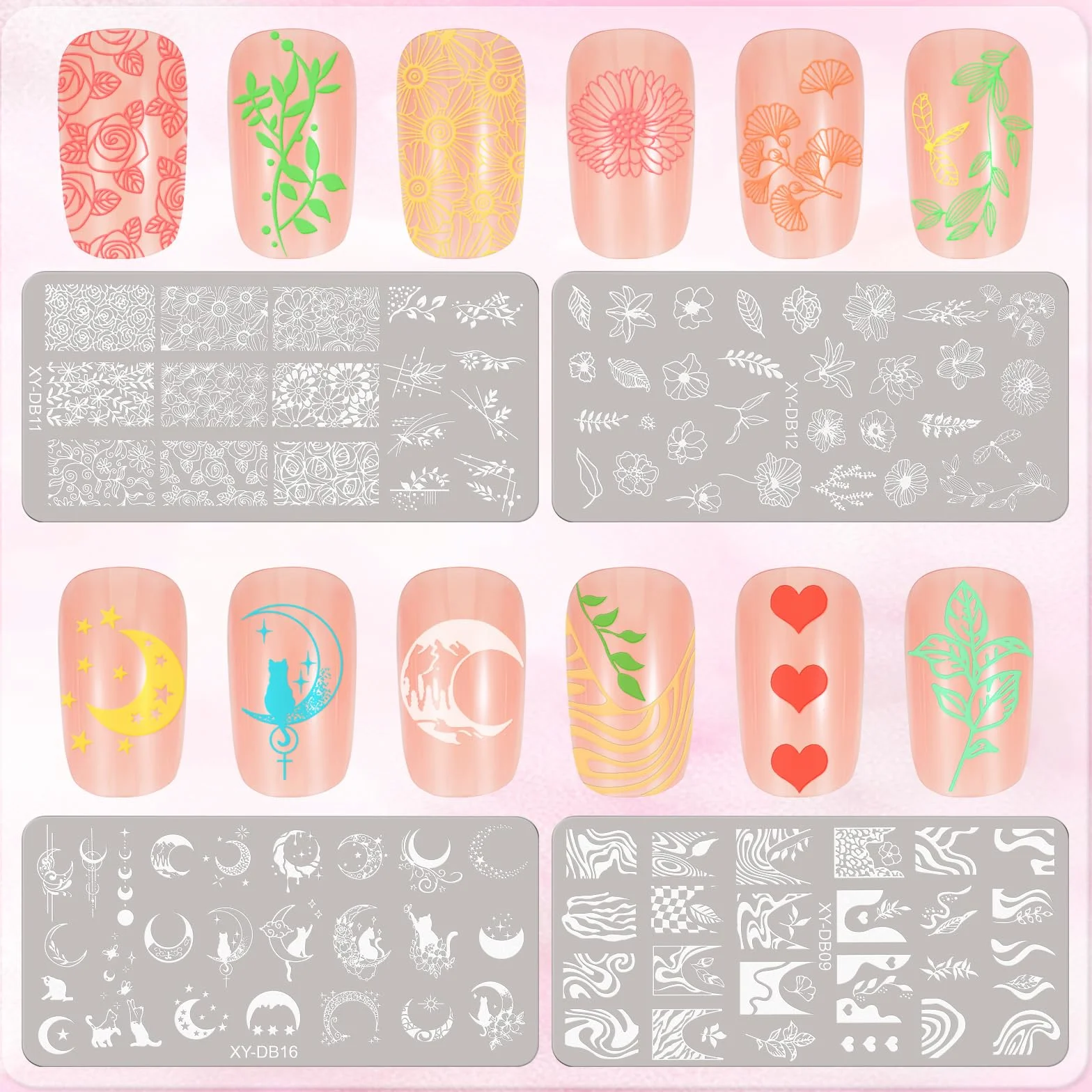 MWOOT 4 Pezzi Stamping Nail Art, Linee Fiore Foglie Luna Gatto Stencil Unghie Nail Art, Unghie Piastre French Manicure Nail Piastra, Unghie Timbro Scraper Piatti Templates per Decorazione Unghie