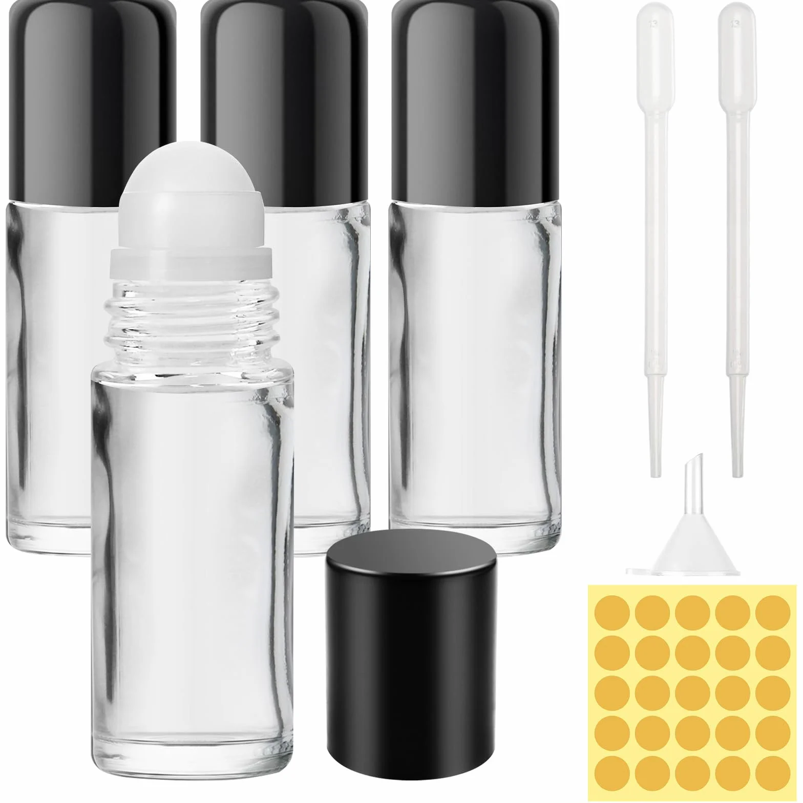 4 Pezzi 30ML Roll on Vuoto per Oli Essenziali, Vuoto Roll On Bottiglie con Sfera, Ricaricabili Flacone per Olio Essenziale con Contagocce, Imbuto, Adesivo per Aromaterapia, Profumi