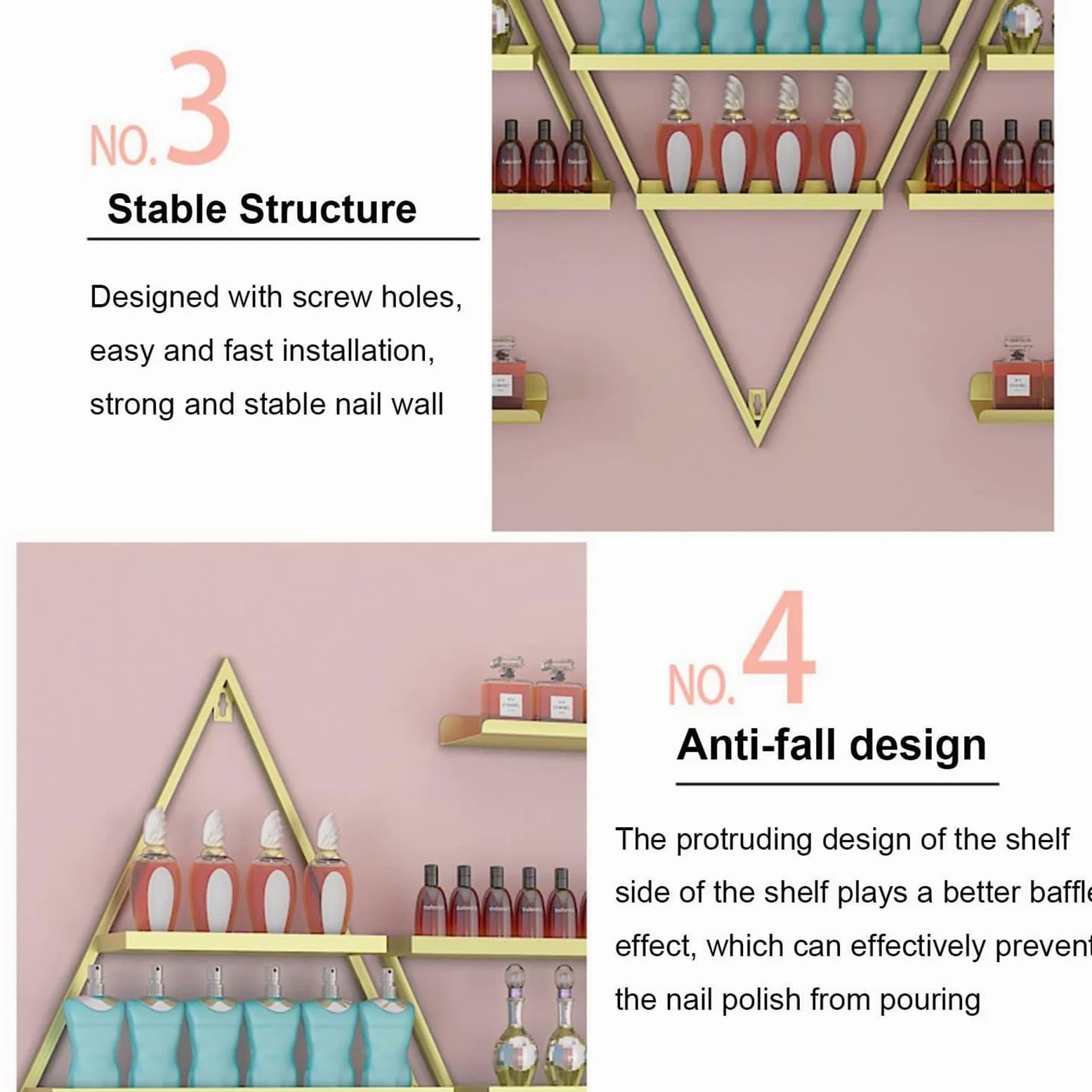 Set di 6 Porta Smalti Triangolari Dorati, Portaoggetti per Cosmetici, Supporto A Parete Multifunzionale per Salone, Negozio E Casa