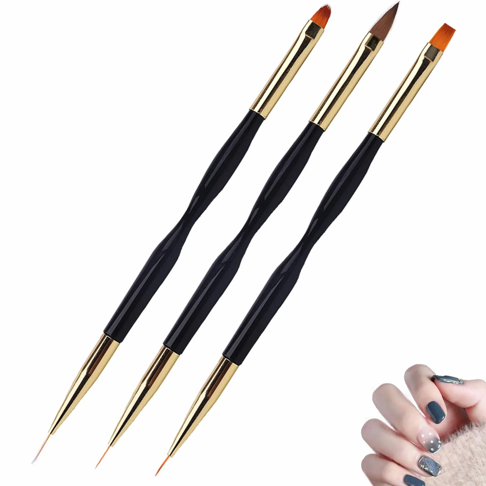 Pennelli per Unghie [3 Pack], Pennelli per Nail Art Professionali, Manicure Kit, Pennelli Smalto, Pennello per Unghie Acrilico Per Decorazioni Unghie (Nero)