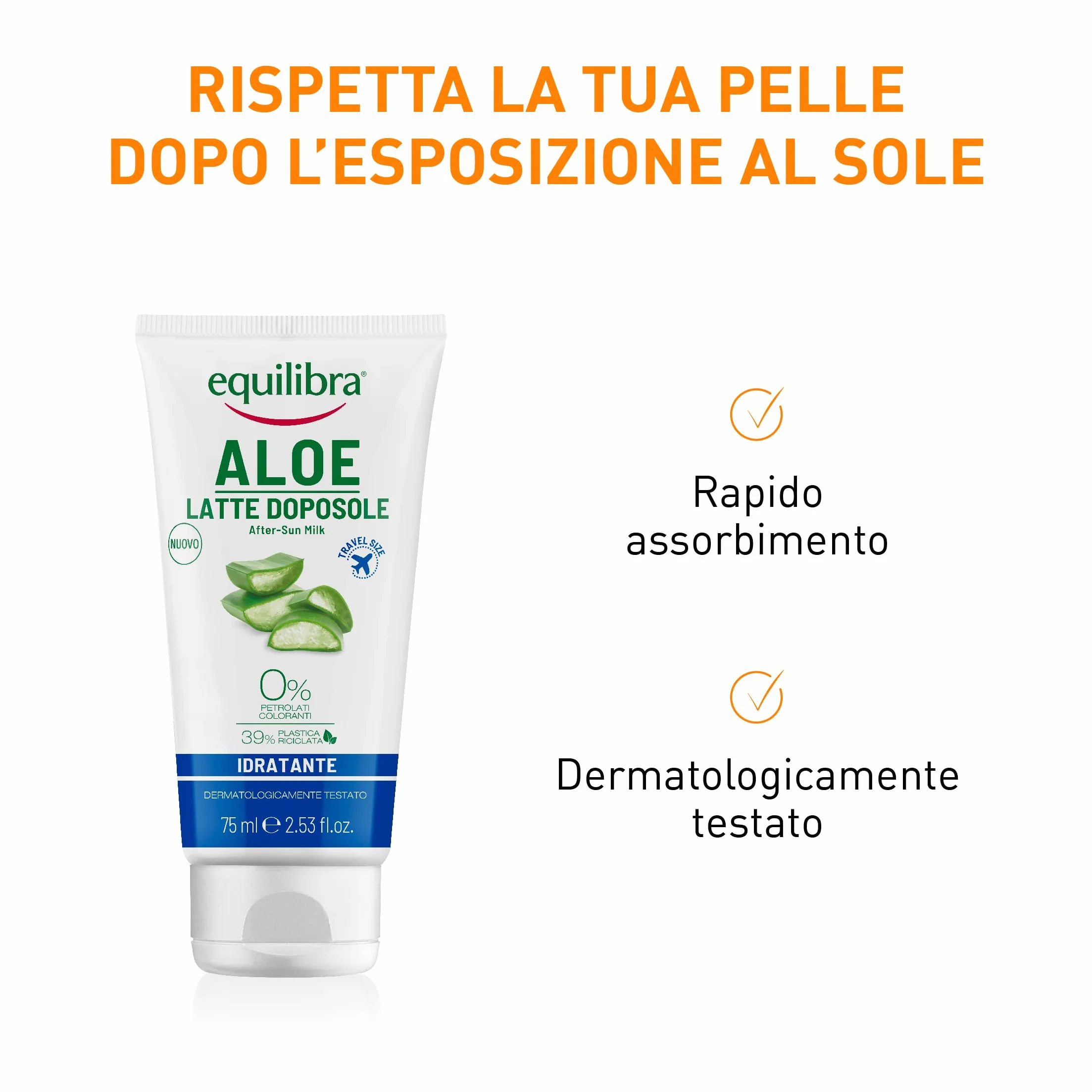 equilibra Solari, Aloe Latte Doposole Idratante Travel Size, a Base di Olio di Carota, Vitamina E, Aloe Vera equilibra (40%), Doposole Idratante che Rinfresca e Riequilibra la Pelle Arrossata, 75 ml