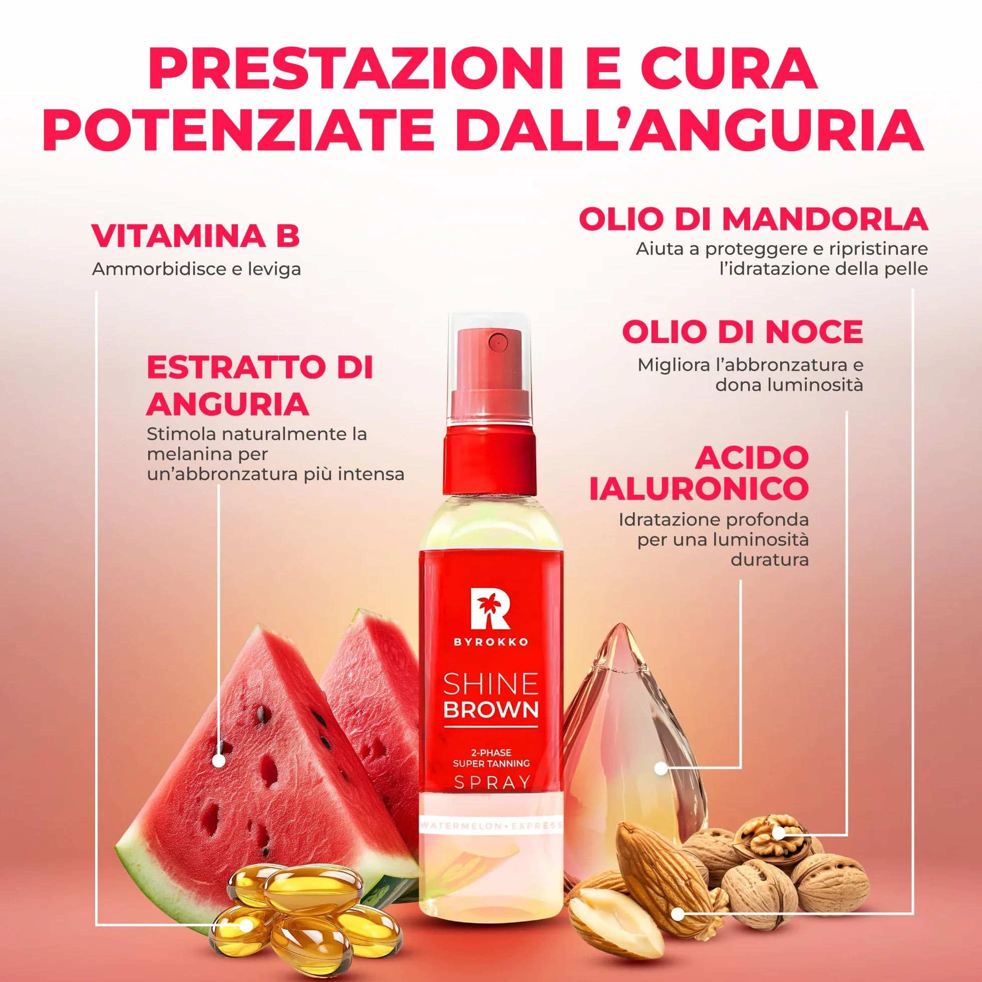 BYROKKO Shine Brown Spray Abbronzante Bifasico Anguria (100 ml), acceleratore con oli naturali e acido ialuronico, per sole e lettino, formula idratante a rapido assorbimento