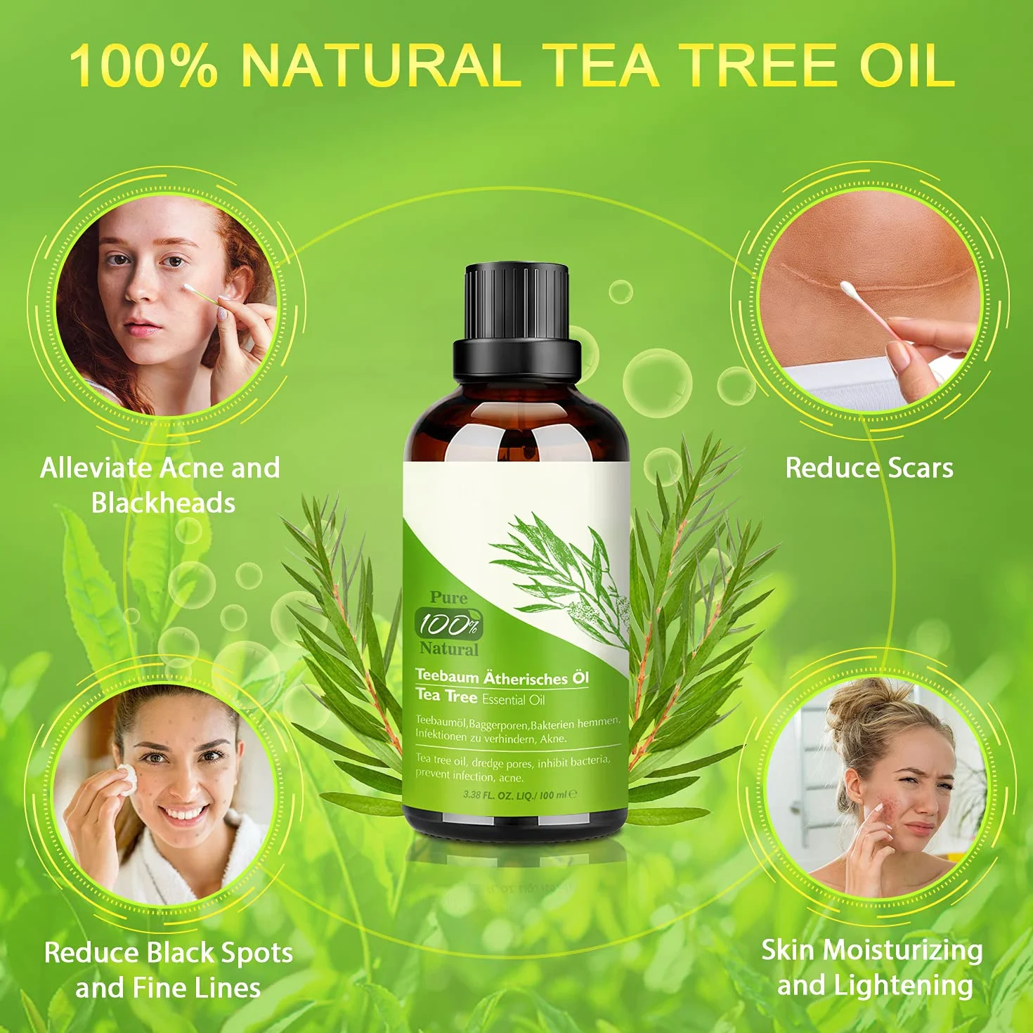 Aifanciey Tea Tree Oil 100 ML Olio Essenziale Puro Anti Acne Brufoli Capelli Corpo
