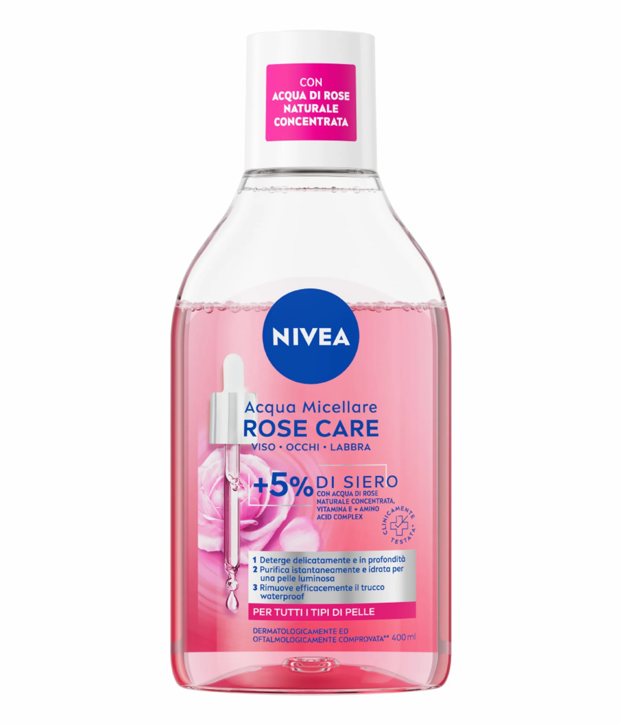 NIVEA Acqua Micellare Rose Care 400 ml Struccante Bifasico Detergente Viso Occhi Labbra