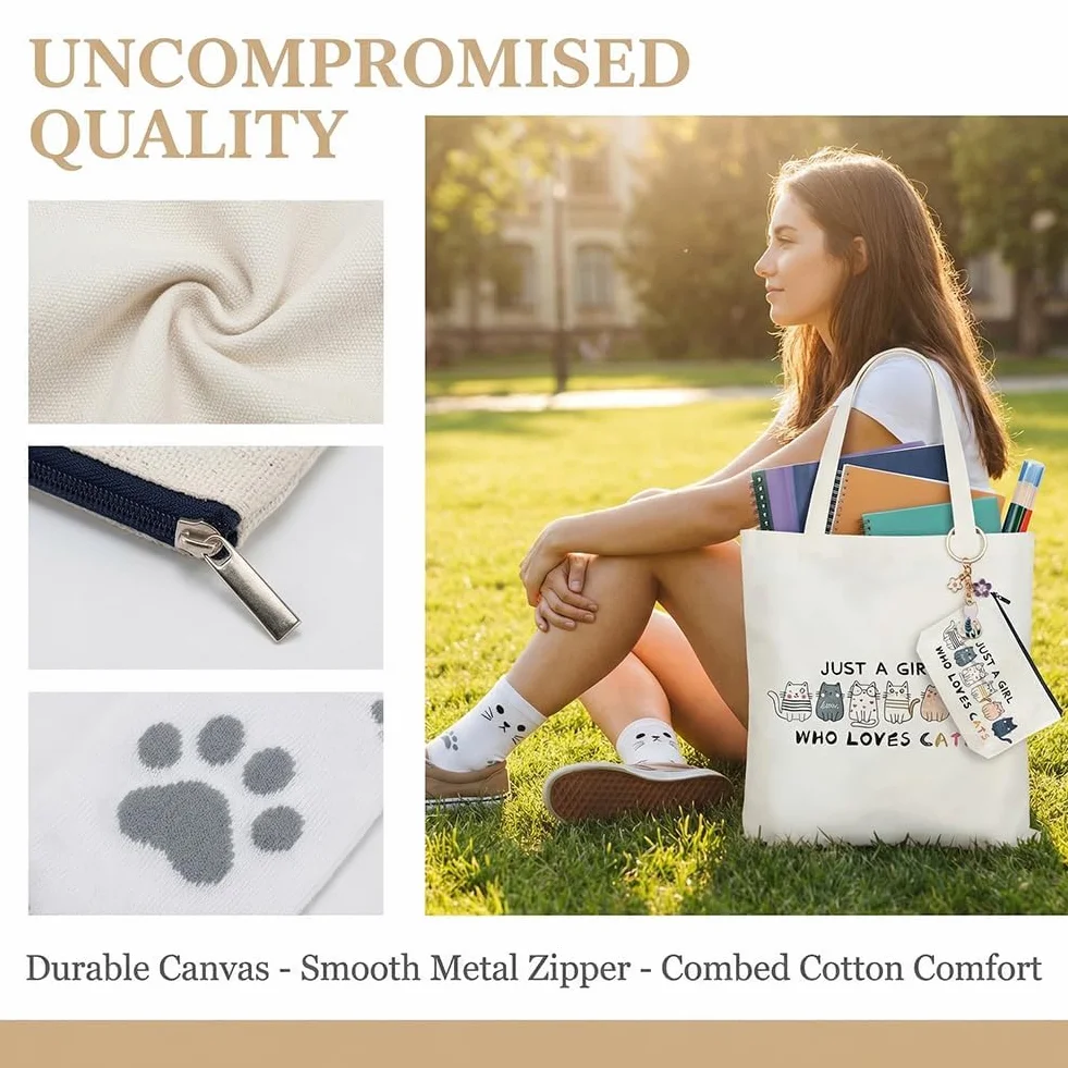 Set Regalo ：Borsa Tote Canvas, Borsetta per Trucco, Calzini & Braccialetto - Regalo per Donne, Ragazze
