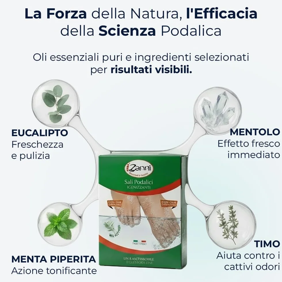 Zanni Sali Podalici, Sali per Pediluvio Rinfrescante e Tonificante con Mentolo, Timo ed Eucalipto, Sali da Bagno a Effetto Deodorante Piedi Stanchi, Sollievo e Riduzione Gonfiore, 100 g, Made in Italy