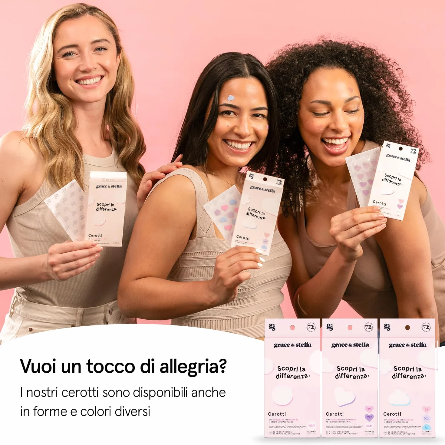 grace & stella Cerotti Idrocolloidali e Anti Imperfezioni Viso - Hydrocolloid Patch Dermatologicamente Testati, Vegan, Cruelty-Free [Misti, 72 Pezzi]