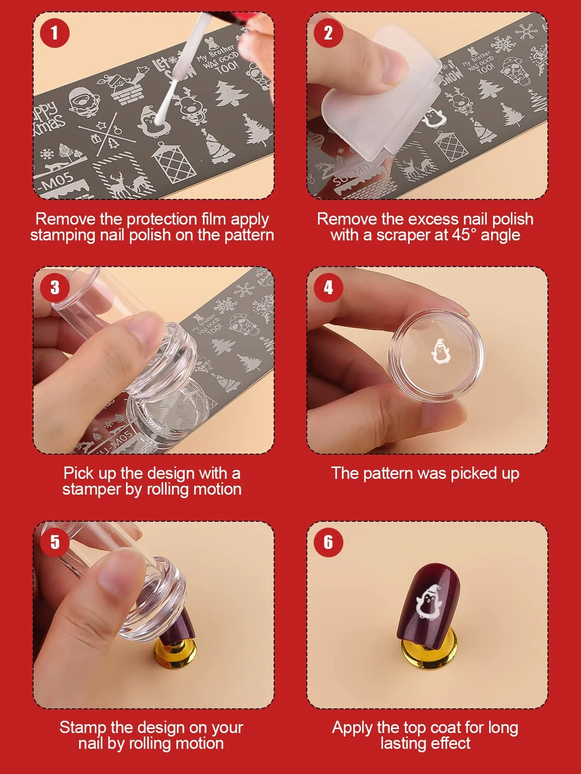 EBANKU 6 pezzi Set di Nail Art Stamping Stampini, Piatti per Timbri per Unghie Renna Fiocco di Neve Albero di Natale Disegni Manicure con 1 Timbro + 1 Raschietto + 1Borsa Portaoggetti
