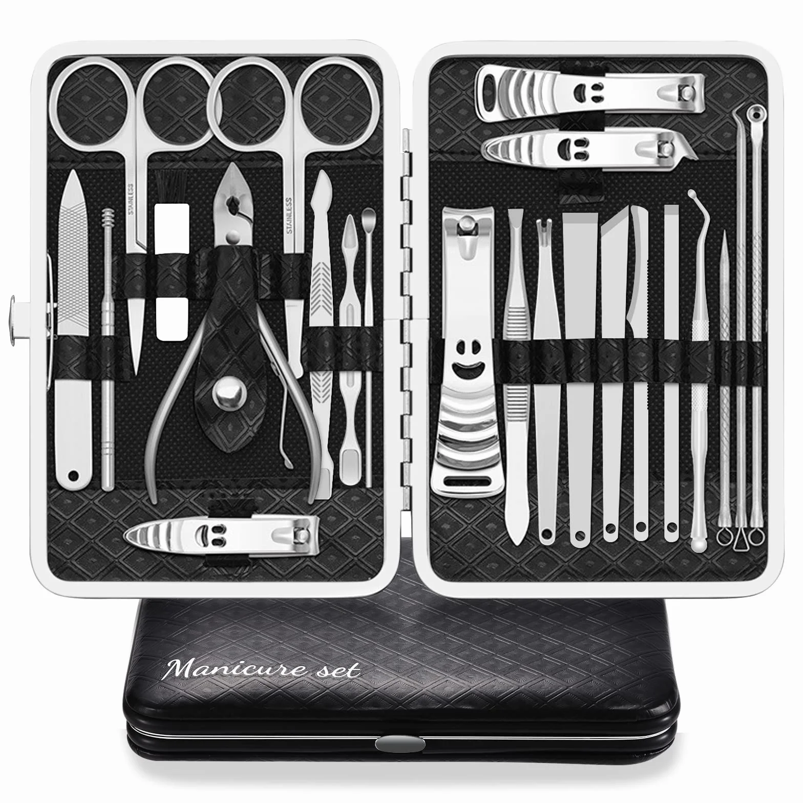 Tagliaunghie Set Professionale Grooming Kit 23pcs Manicure Pedicure Custodia Viaggio Pelle Nero Argento