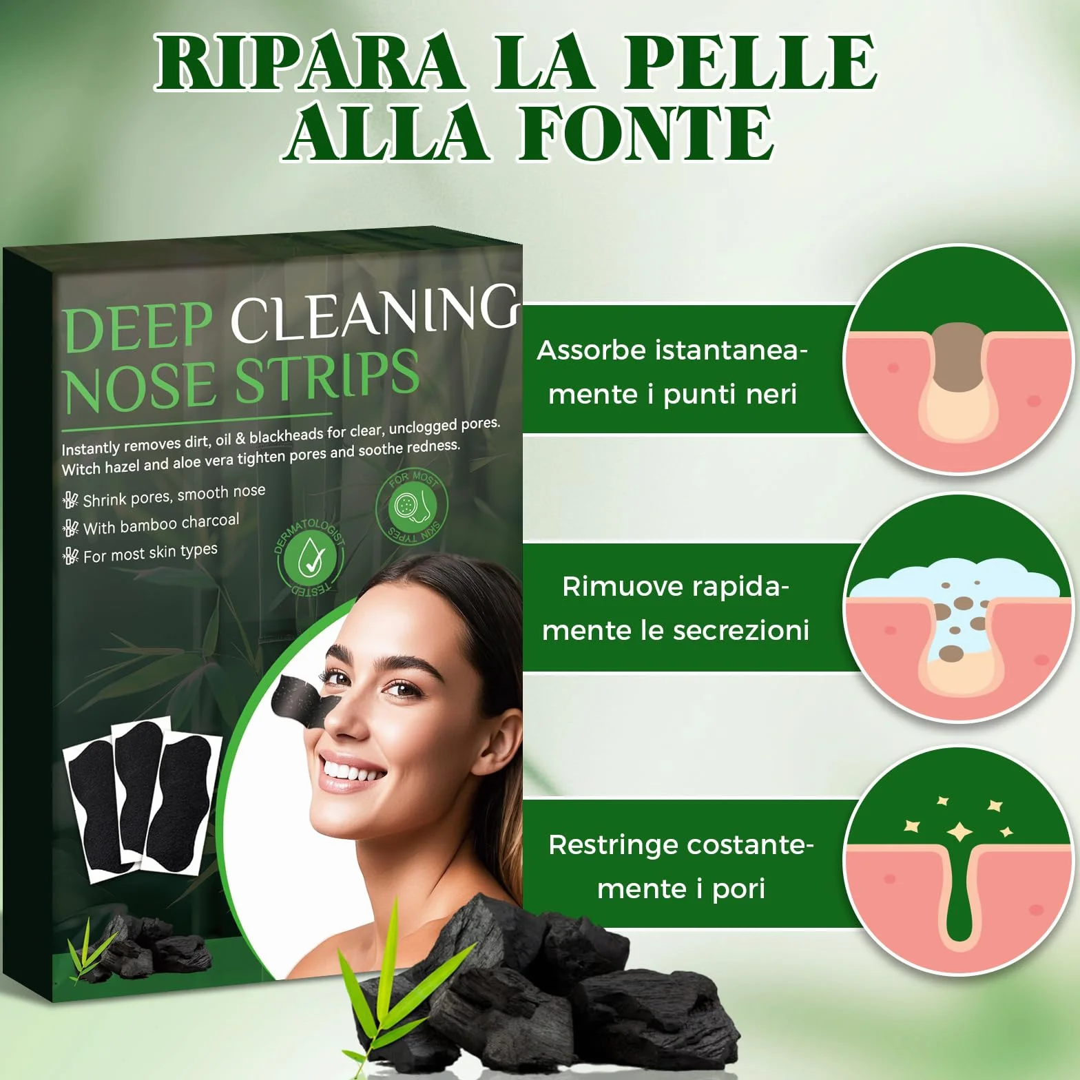 Punti Neri Rimozione, 80pcs Carbone Cerotti Togli Punti Neri Naso per Una Pulizia Profonda, Liberando i Pori, Efficace e Delicata Nose Strips per Tutti i Tipi di Pelle