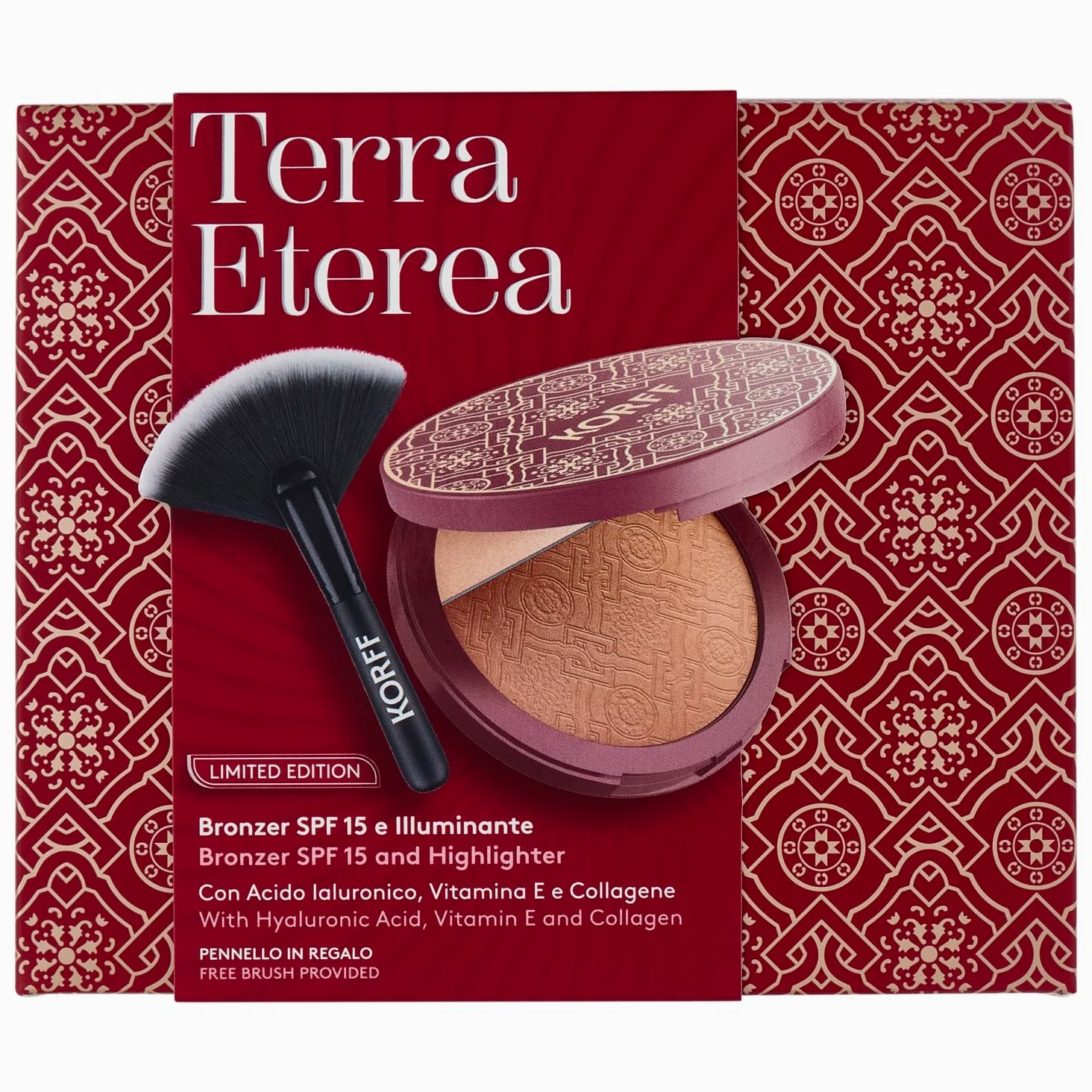 Korff Terra Eterea Limited Edition 2025, Polvere compatta con texture impalpabile e profumazione di vaniglia con Acido Ialuronico, Vitamina E, Collagene, Filtri solari, 15 gr