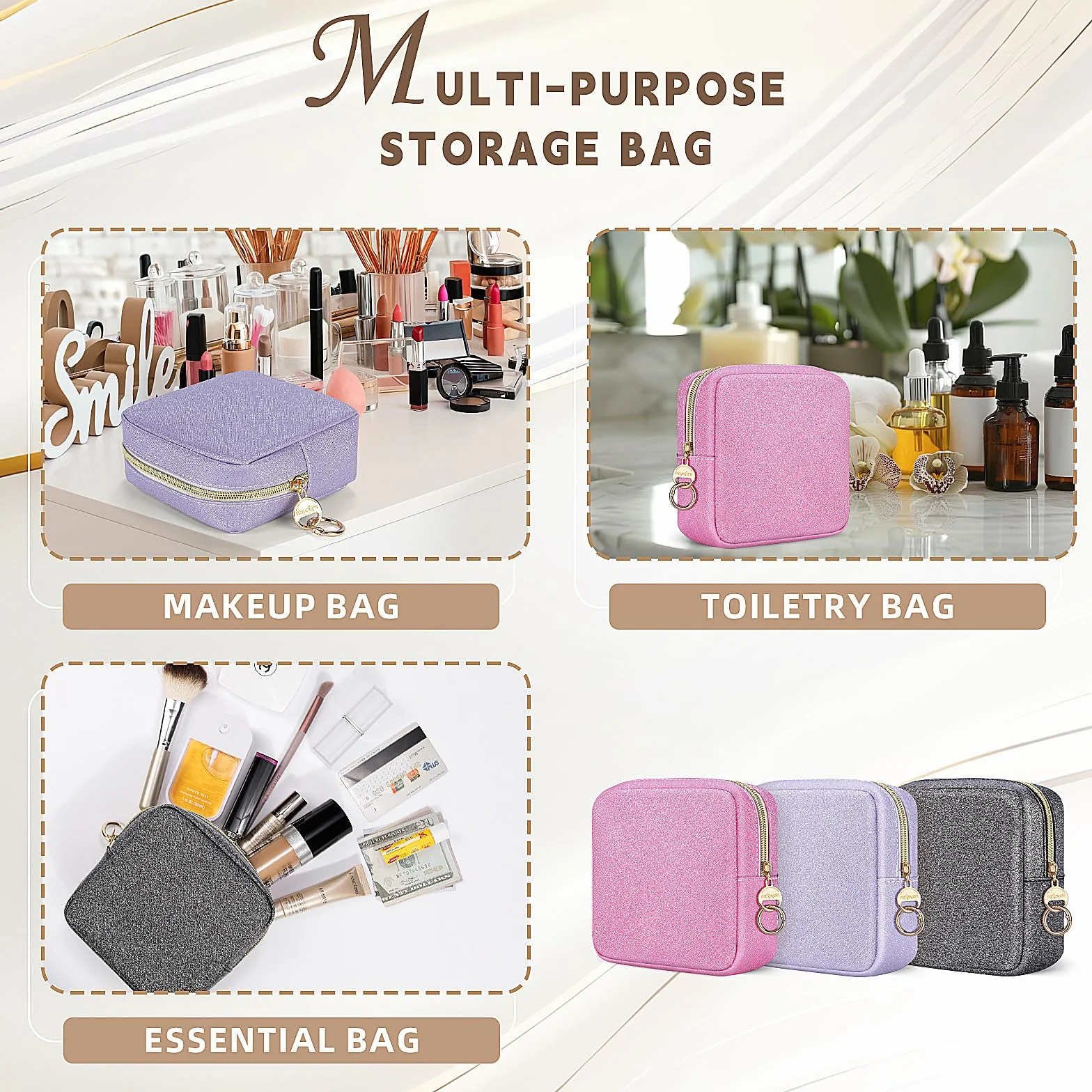 Beauty Case da Viaggio Trousse Trucchi Donna Pochette in Pelle Brillantini Borsa per Cosmetici Organizer Borse Makeup Trucco Organizer Portatile Accessori Viaggio per Ragazza Donna Compleanno(Rosa)