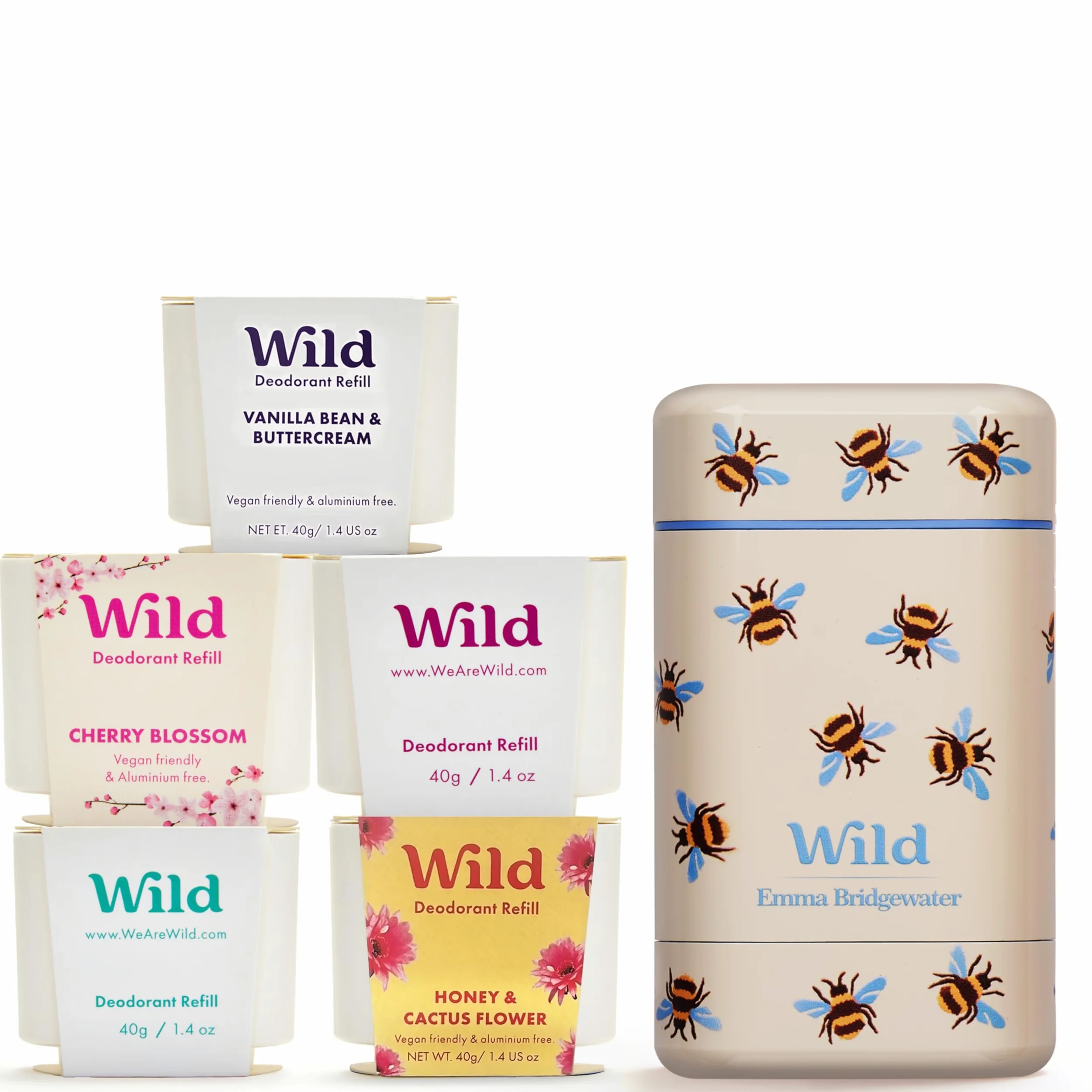 Starter pack deodorante naturale ricaricabile Wild 0% alluminio - Contenitore stampa Api e 5 ricariche da 40g con varie fragranze fresche - 24h di protezione dagli odori -Vegano e delicato sulla pelle