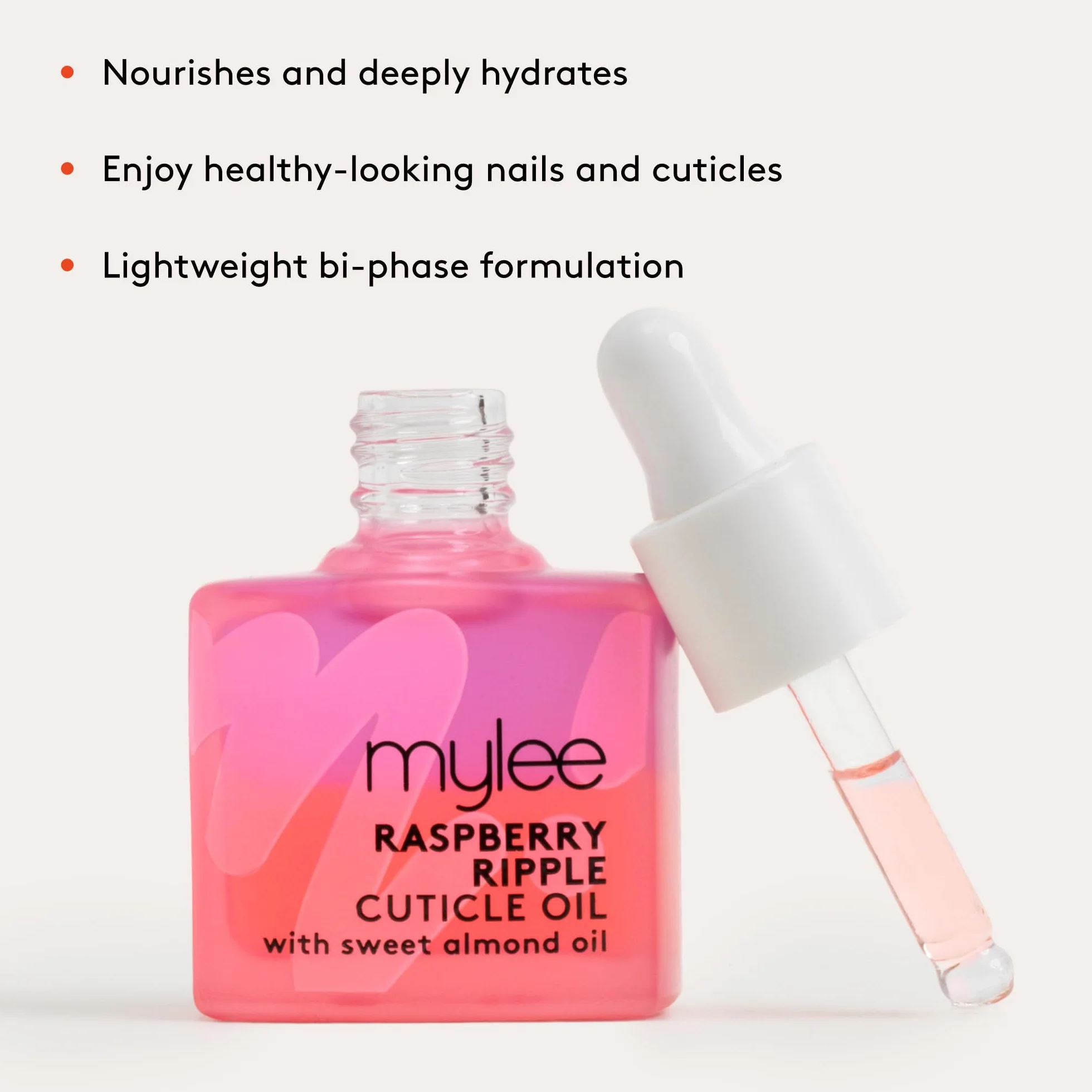 Mylee Olio per Cuticole Raspberry Ripple 10ml - Formula Nutriente Bi-Fase con Oli di Mandorle Dolci, Macadamia e Jojoba - Idrata e Rigenera le Unghie - Vegan e Senza Crudeltà