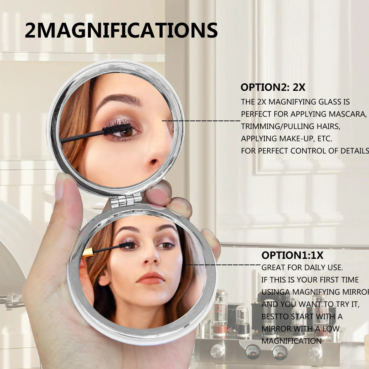 Specchio Compatto PU 2 Pezzi Mini Trucco Doppio Pieghevole Viaggio 73MM 80MM Bianco