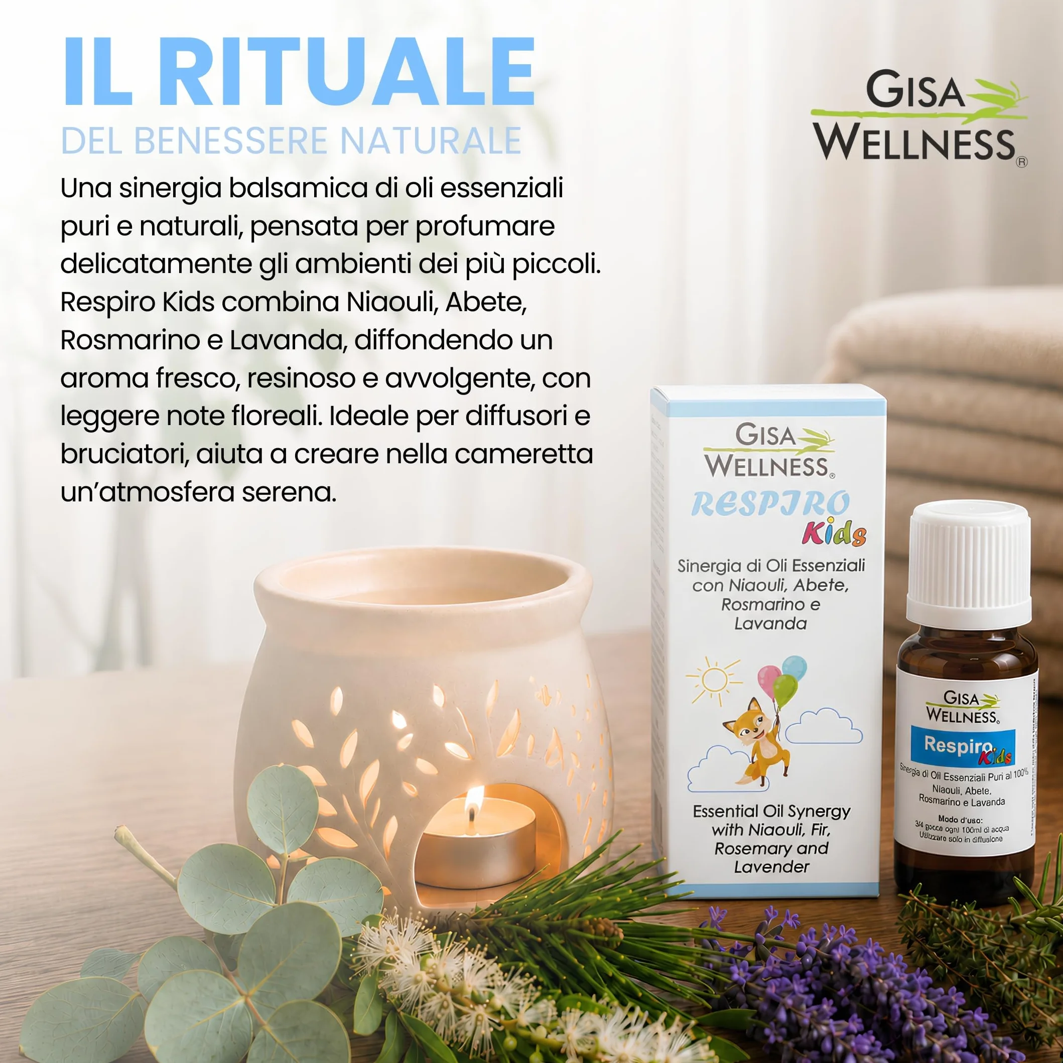 Respiro Kids 15ml Sinergia di Oli Essenziali Balsamici per Bambini Niaouli Abete Rosmarino Lavanda