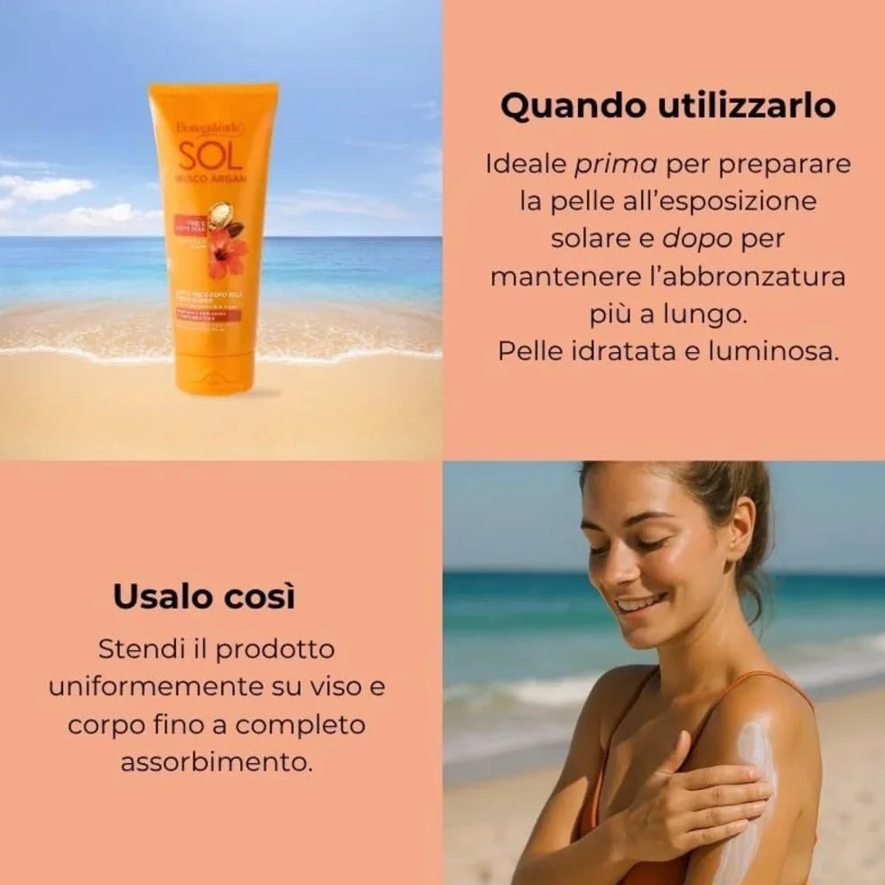 Bottega Verde - SOL Ibisco Argan, Latte Presole e Doposole Viso e Corpo, 200ml, Idrata e Prolunga l'Abbronzatura, Senza Filtri Solari