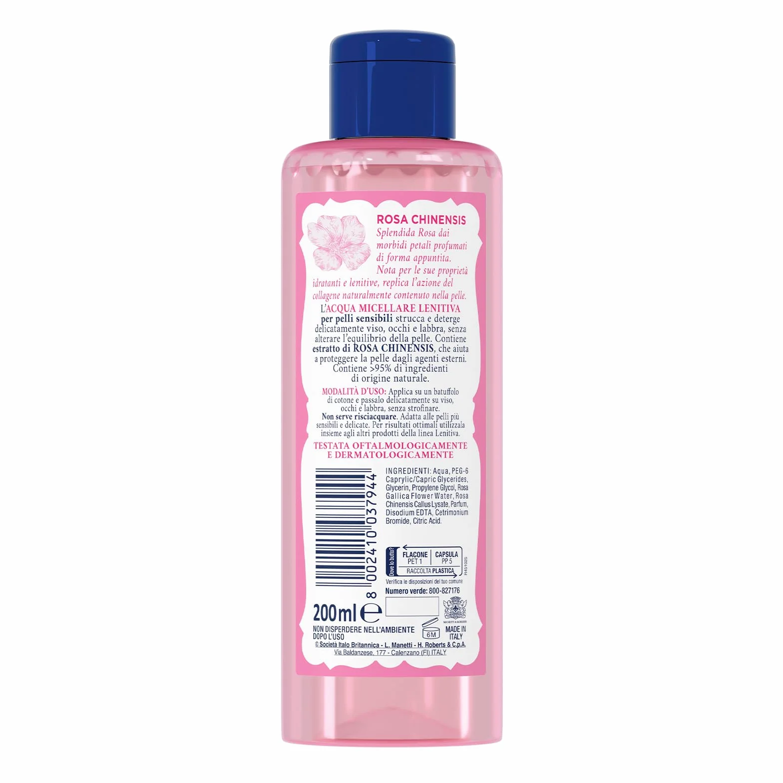Acqua alle Rose Acqua Micellare Lenitiva per Pelli Sensibili, Detergente e Struccante Delicato Viso, Occhi, Labbra, 200 ml
