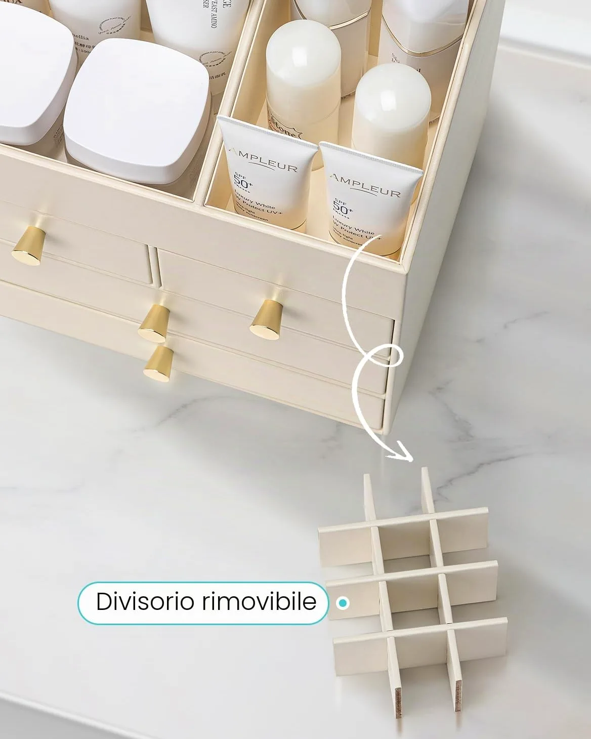VLANDO Organizer per trucchi con 4 cassetti, grande organizer da tavolo da | Organizer per profumi, per la cura della pelle, accessorio da toeletta per rossetto, regalo, beige