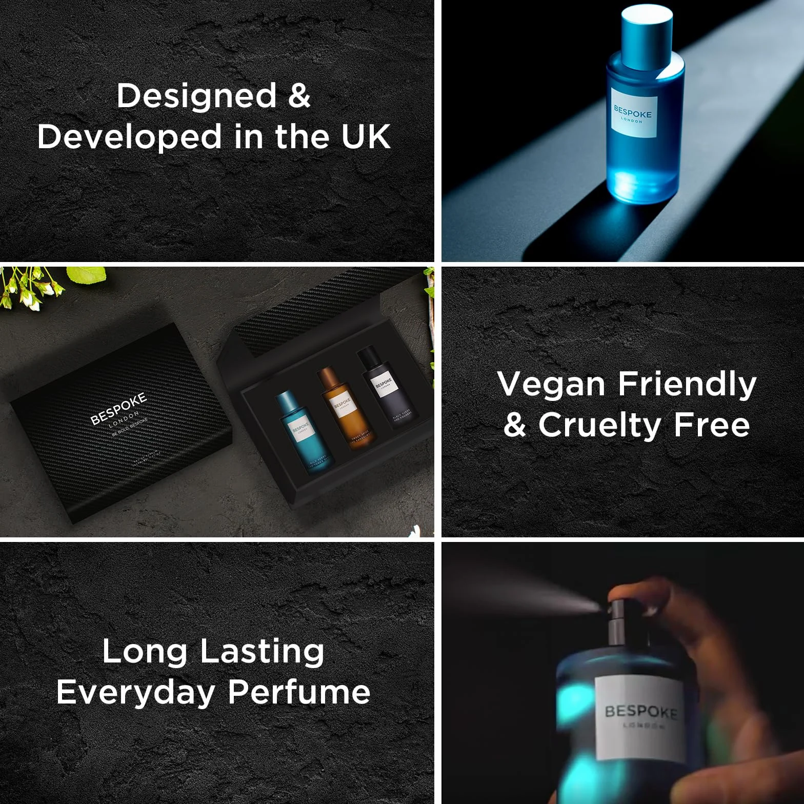 BESPOKE LONDON Set regalo di profumi da uomo di alta qualità, in pelle scamosciata nera, erbe selvatiche, spezie dolci, eau de parfum con fragranza a lunga durata, mini set profumi da viaggio