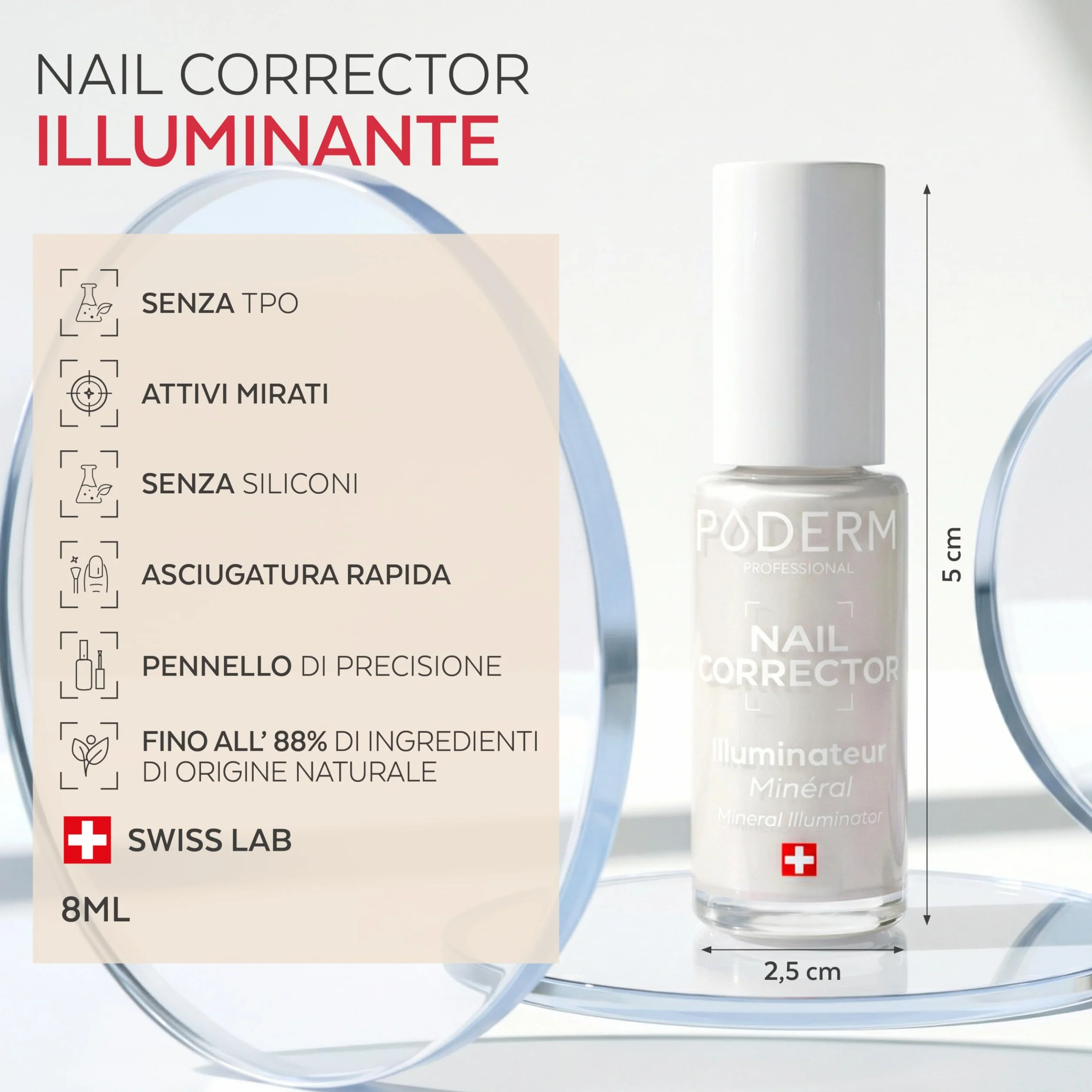 PODERM Smalto Trattamento Unghie Correttivo & Perfezionatore – Illuminante | 8 ML - Esalta Brillantezza Naturale | Micro-minerali Riflettenti Luce | Sviluppato da Podologo in Svizzera