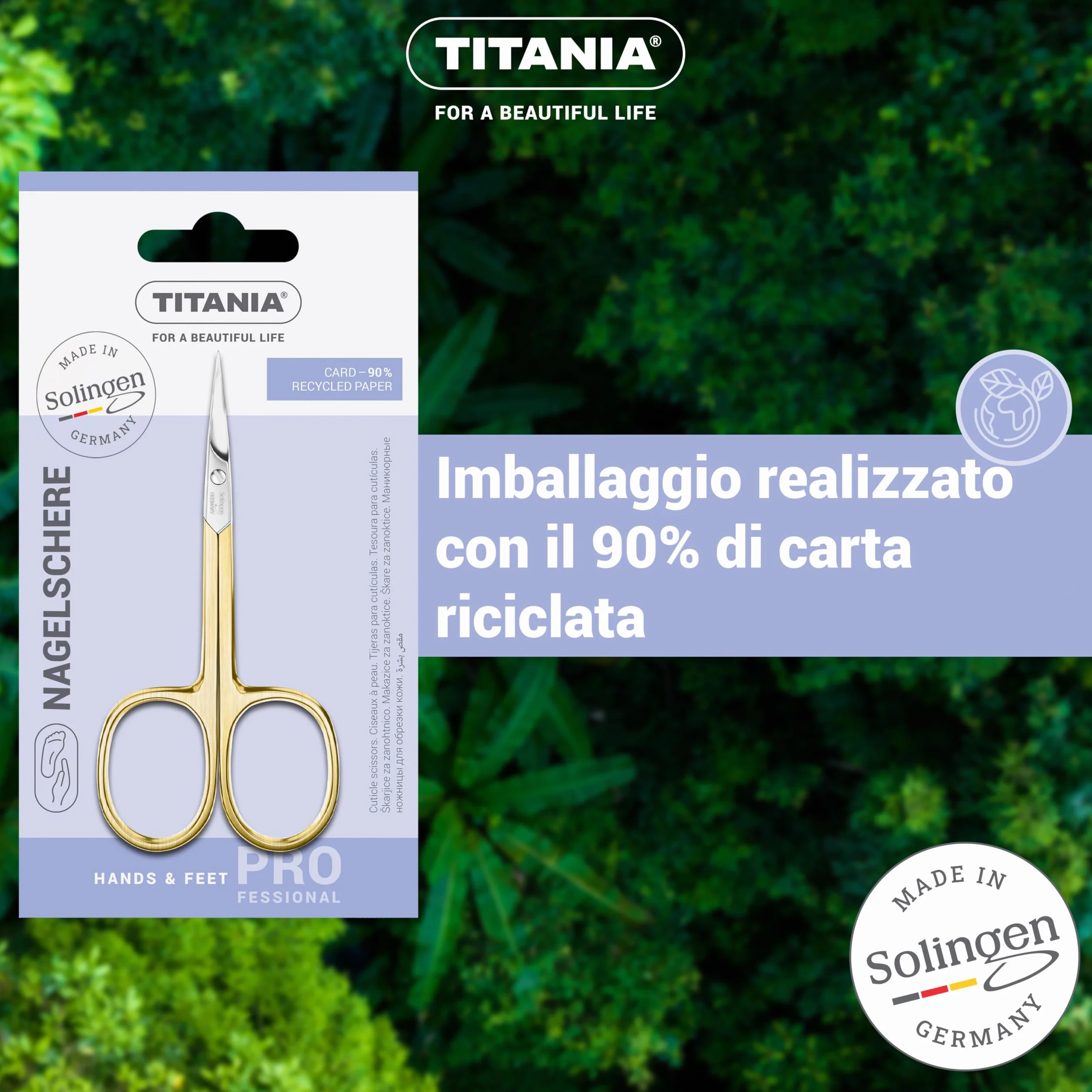 TITANIA Forbici per Cuticole Solingen Punta Sottile Curve Dorate 9,5 cm Acciaio Carbonio Made in Germany