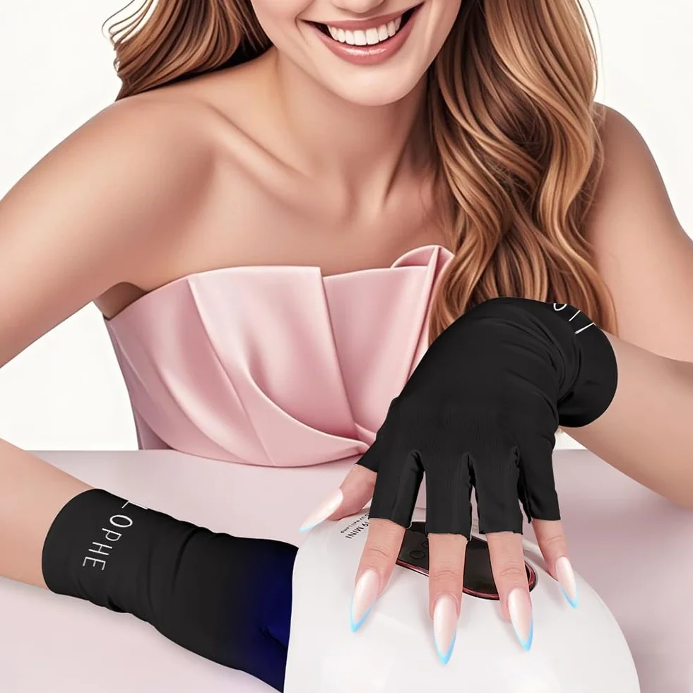 LOPHE Guanti UV per Unghie in Gel, 1 Paia UPF200+, Anti Raggi UV e UVB 999+, per Lampada per Unghie, Guanti Senza Dita per Manicure Nail Art Fai Da Te e Salone, Golf, Pesca(Nero)
