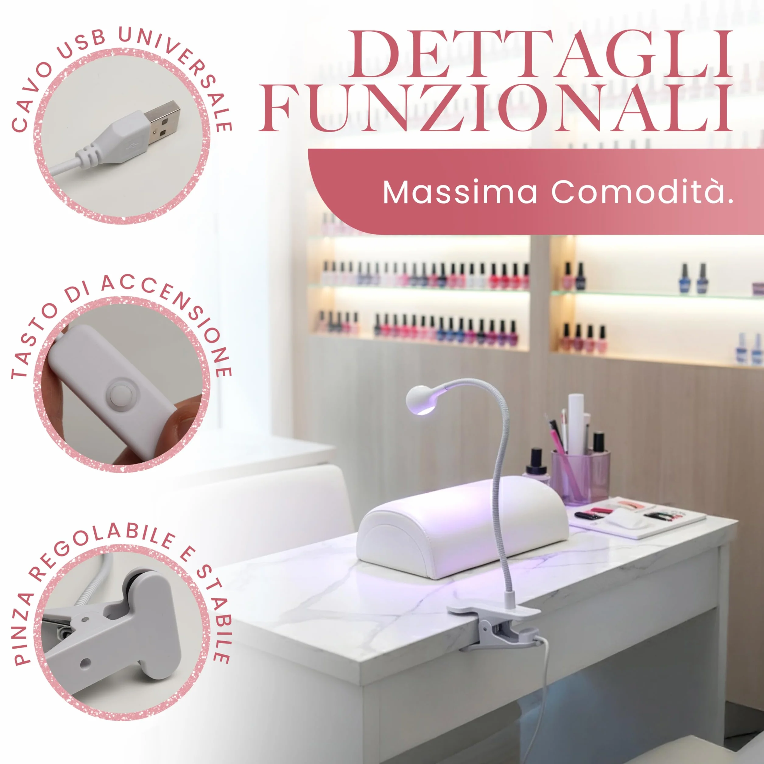 Lampada UV LED Unghie con Clip da Tavolo, Mini Lampada Portatile per Semipermanente e Nail Art, Braccio Flessibile Rotazione 360°, Pulsante On/Off sul Cavo, Luce per Manicure da Casa