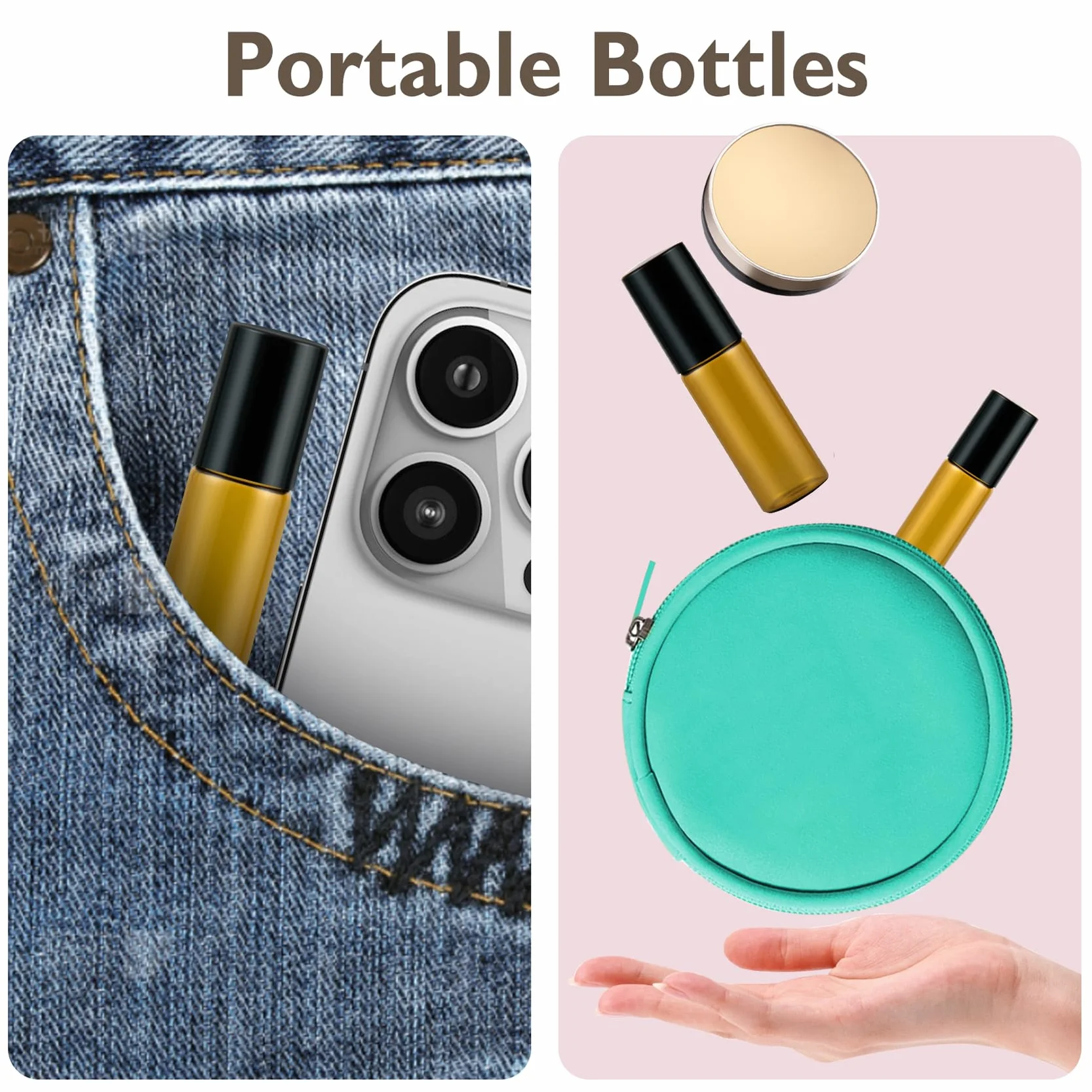 10 bottiglie di vetro Roll On per olio essenziale, 5 ml, mini bottiglie Amber Rollon, vuote con apertura, etichette e pipette, profumo, massaggi