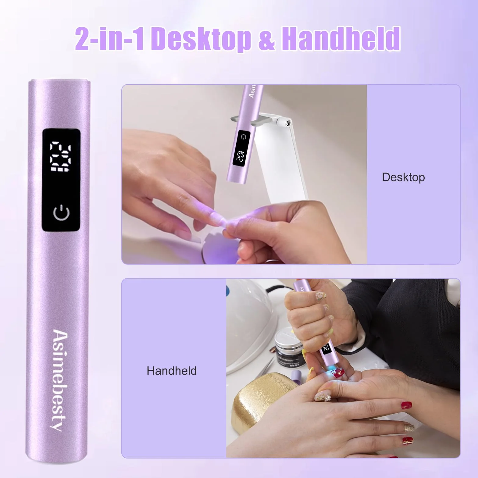 Mini Lampada UV LED Unghie, Lampada UV Unghie Piccola 3W, Lampada Gel Unghie con Supporto, 20/60/90S Timer, Ricaricabile Portatile Torcia per unghie Gel Asciugatura Rapida Viola