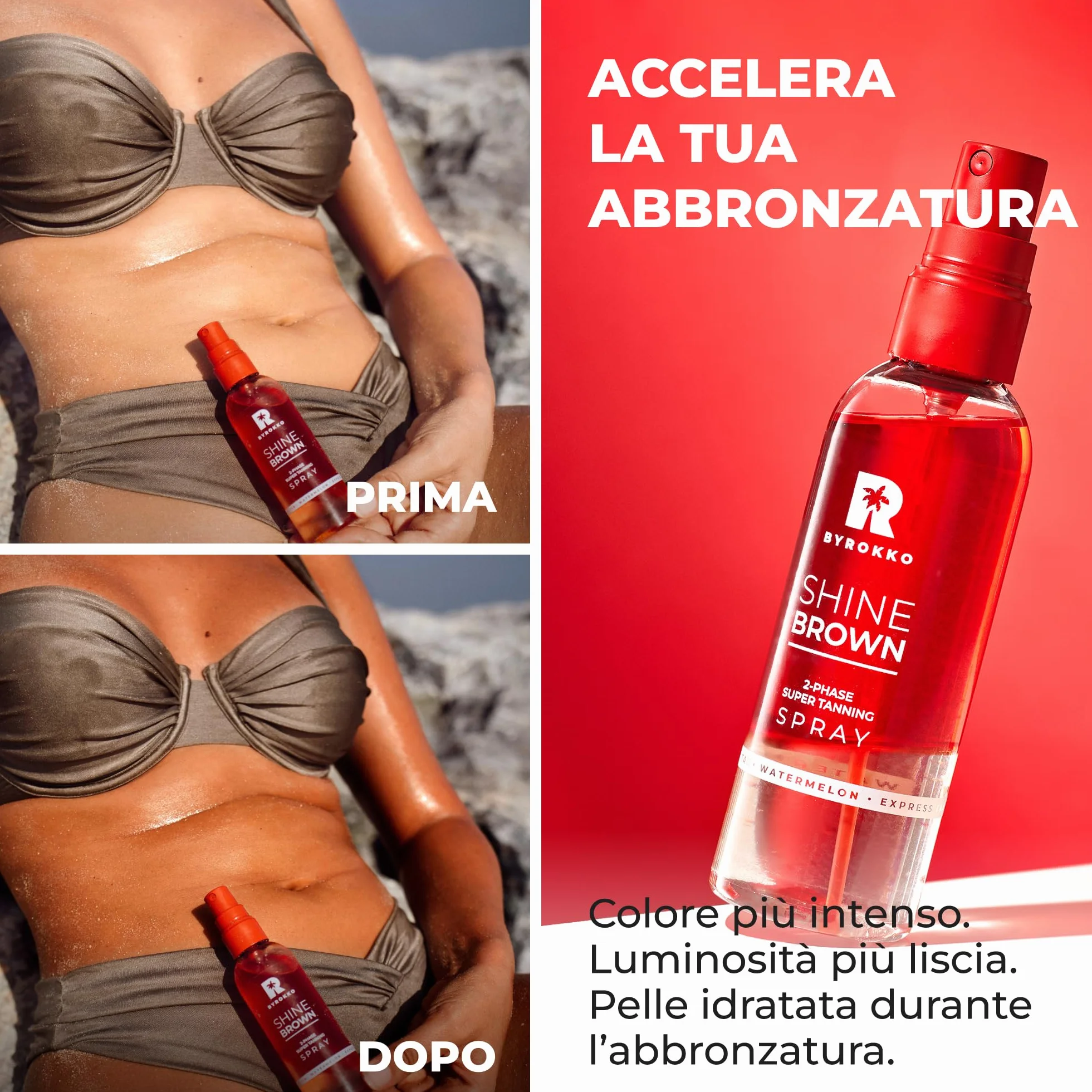 BYROKKO Shine Brown Spray Abbronzante Bifasico Anguria (100 ml), acceleratore con oli naturali e acido ialuronico, per sole e lettino, formula idratante a rapido assorbimento