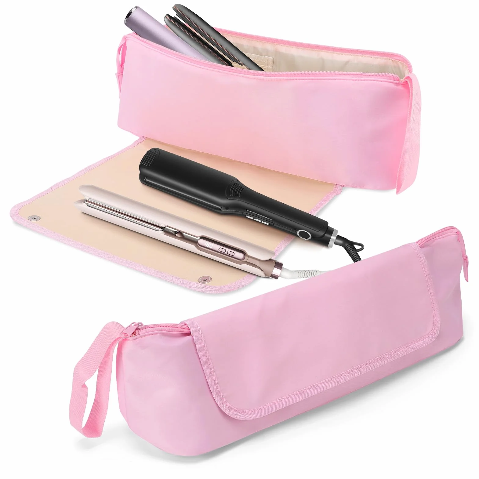 Gugxiom Borsa da viaggio per acconciature con base resistente al calore, borsa 2 in 1, grande capacità per arricciacapelli, piastre per capelli, asciugacapelli e spazzole ad aria calda (rosa)
