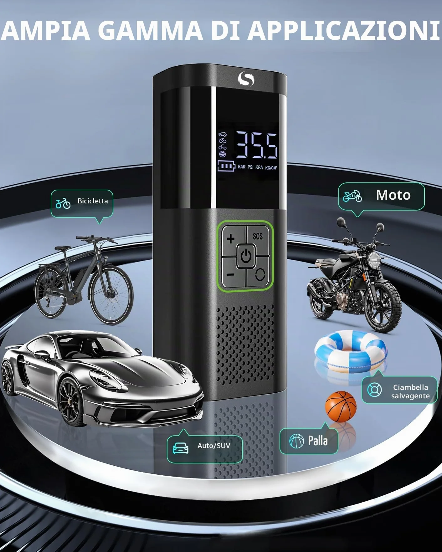 Compressore Aria Portatile con Manometro, Pompa Elettrica per Auto Moto Bicicletta