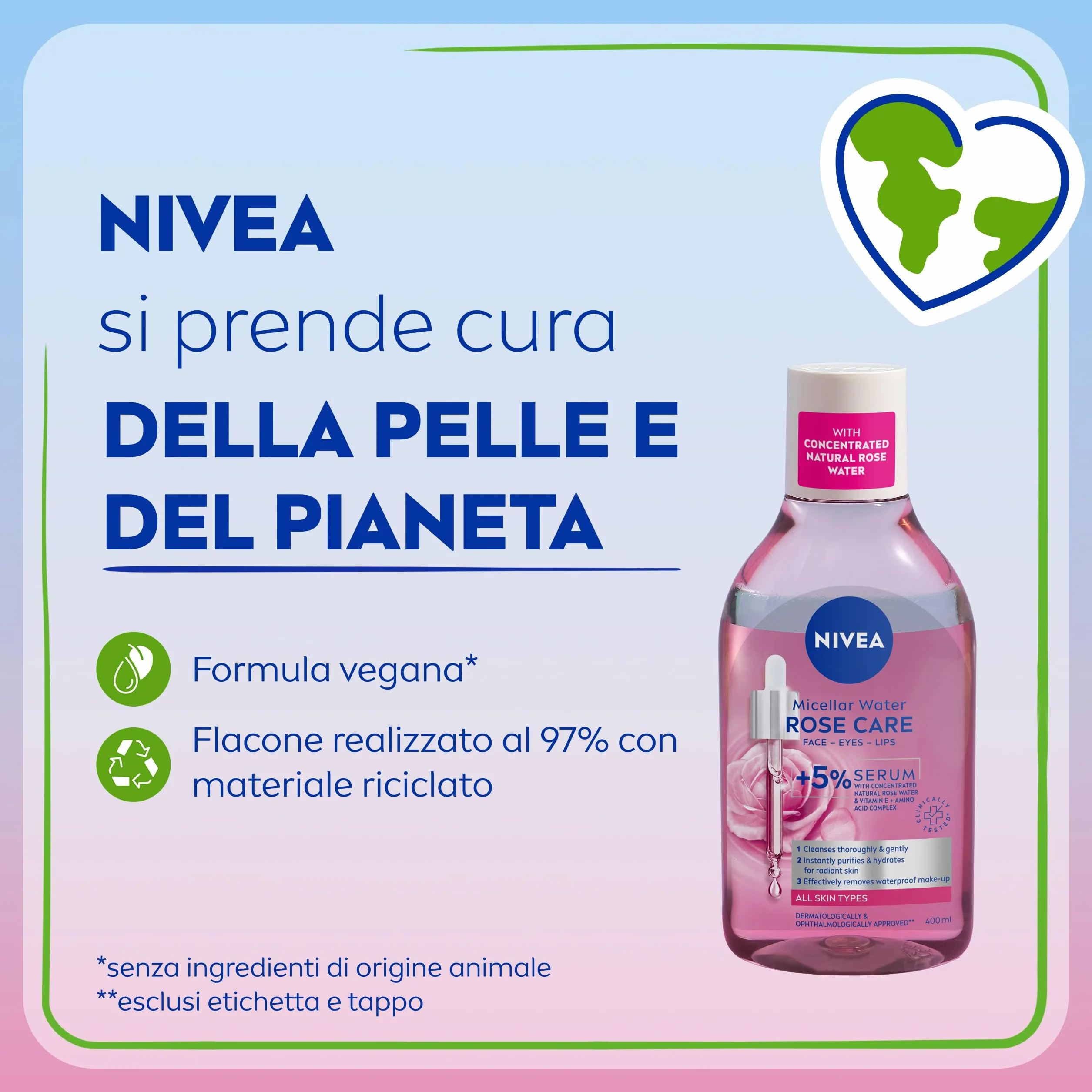 NIVEA Acqua Micellare Rose Care 400 ml Struccante Bifasico Detergente Viso Occhi Labbra