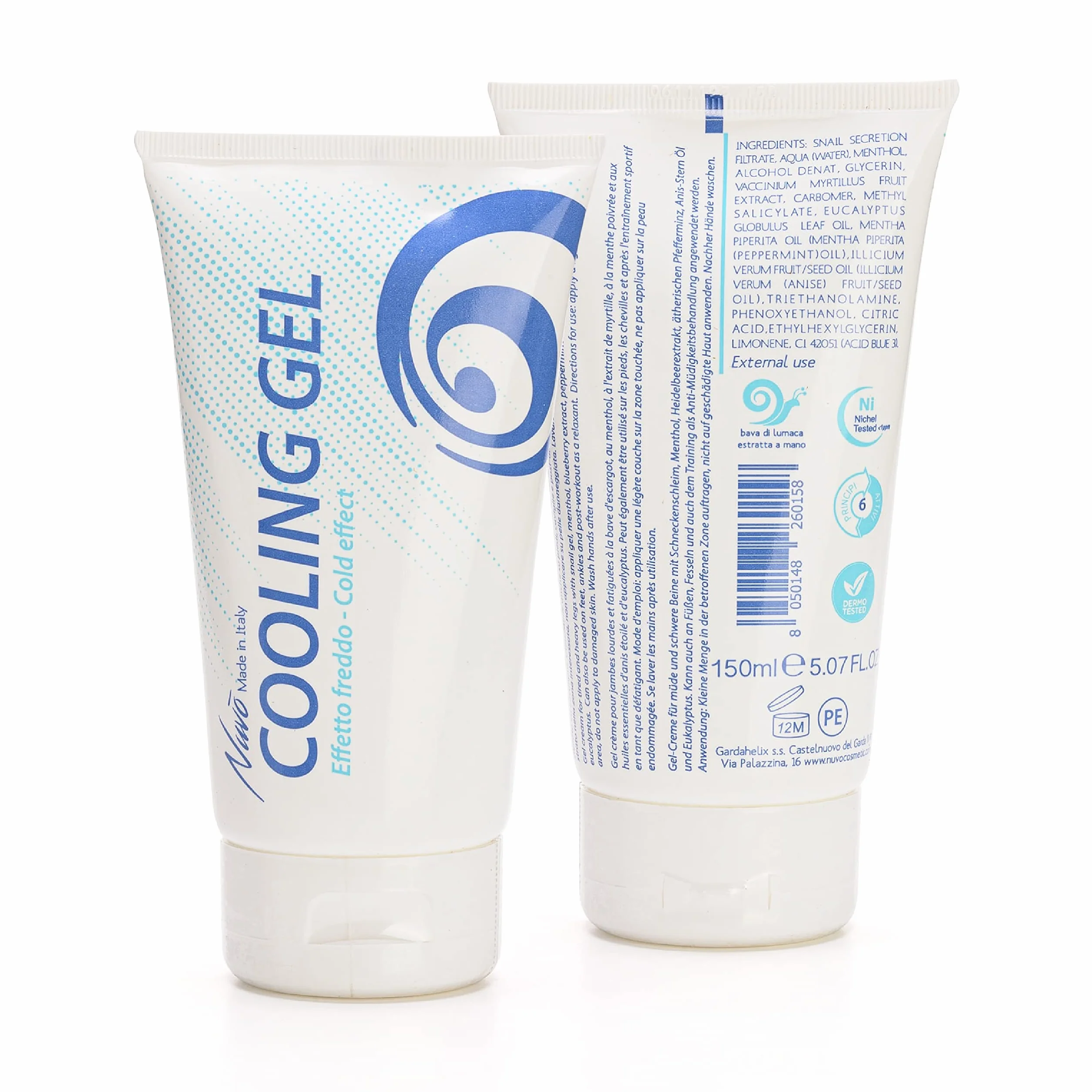 Nuvo' - Crema Gel Rinfrescante Gambe Piedi Caviglie Gonfie Pesanti Stimola la circolazione EFFETTO FREDDO Bava di Lumaca Mentolo Eucalipto Estratti di Mirtillo Made in Italy 150ml