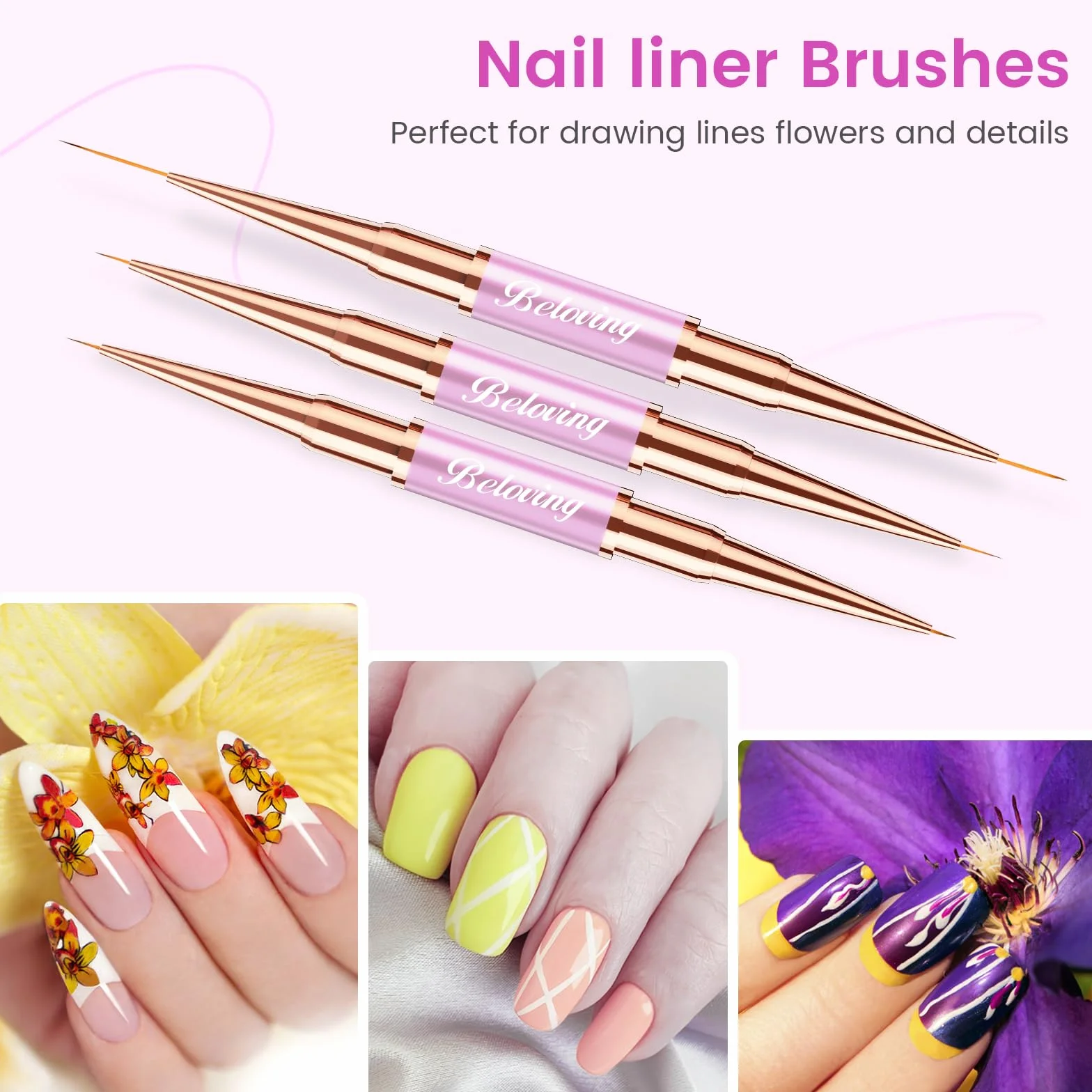 5 Pennelli Unghie Gel, Set Pennelli Per Nail Art e Disegni Unghie, Doppia Faccia Pennello Per Gel Unghie Ricostruzione, Smalto UV, Ombré, Pennelli Liner Con Coperture Protettive, Viola