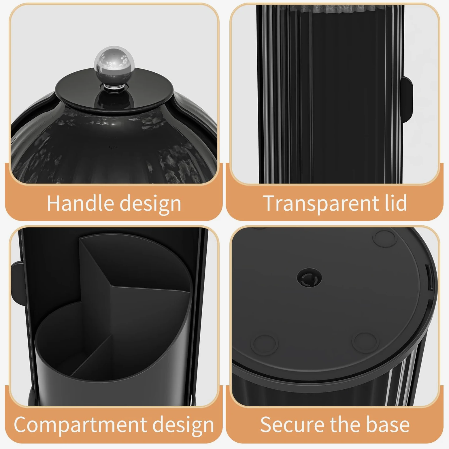 Porta pennelli da Trucco con Coperchio, Girevole a 360°, Organizer per Cosmetici da appoggio, Antipolvere, per Bagno, Trasparente (Nero Scuro)