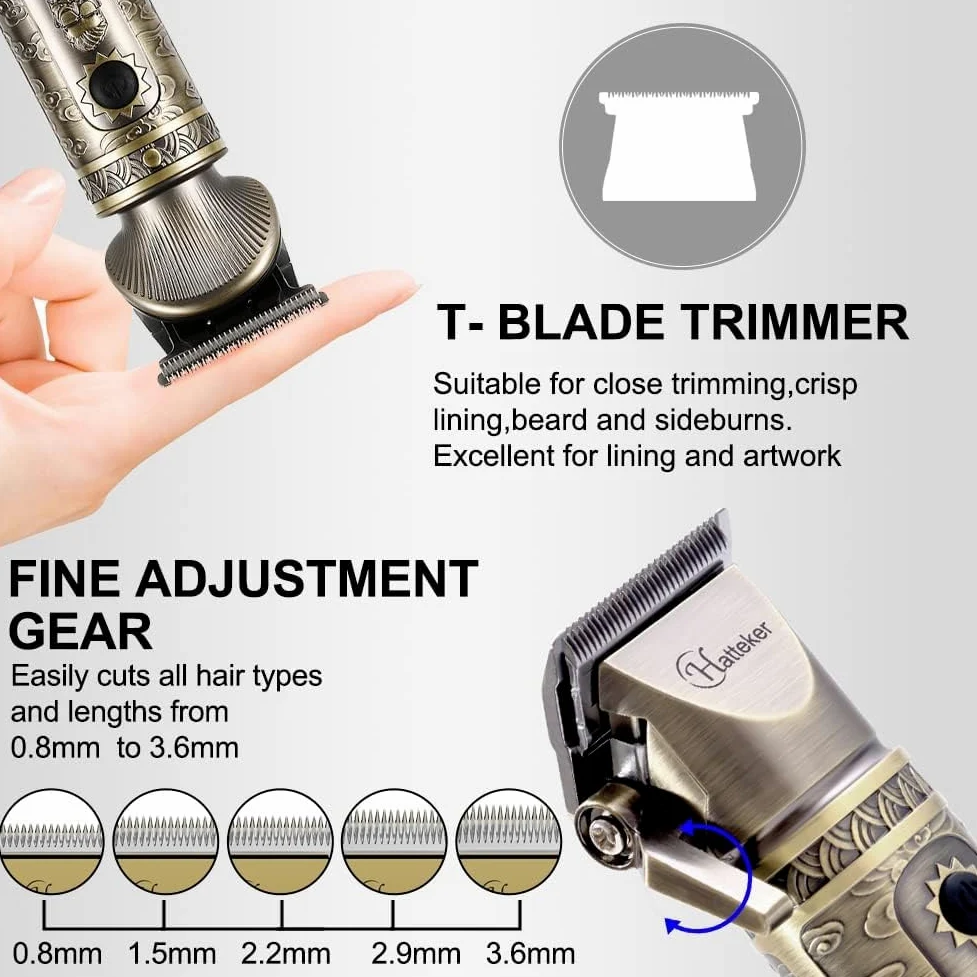 Hatteker Professional Hair Clipper e T-Blade Trimmer Set Per Gli Uomini Cordless Ricaricabile Barber Clipper Beard Nose Hair Trimmer Multipurpose Grooming Kit Display LED (Oro)
