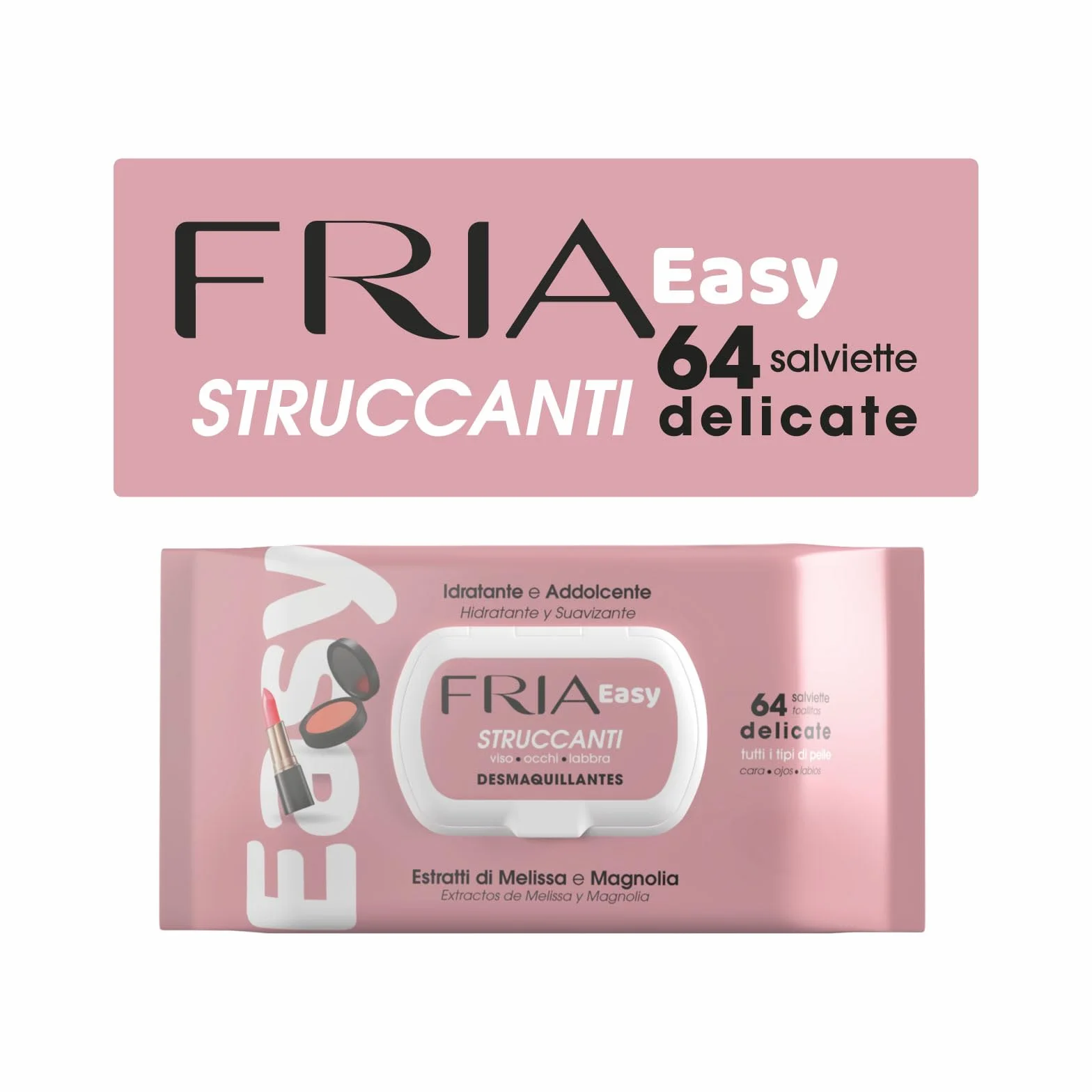 Fria Easy Salviette Struccanti, con Estratti di Melissa e Magnolia ad Effetto Idratante e Addolcente sulla Pelle, Dermatologicamente Testate, Confezione da 64 Salviette