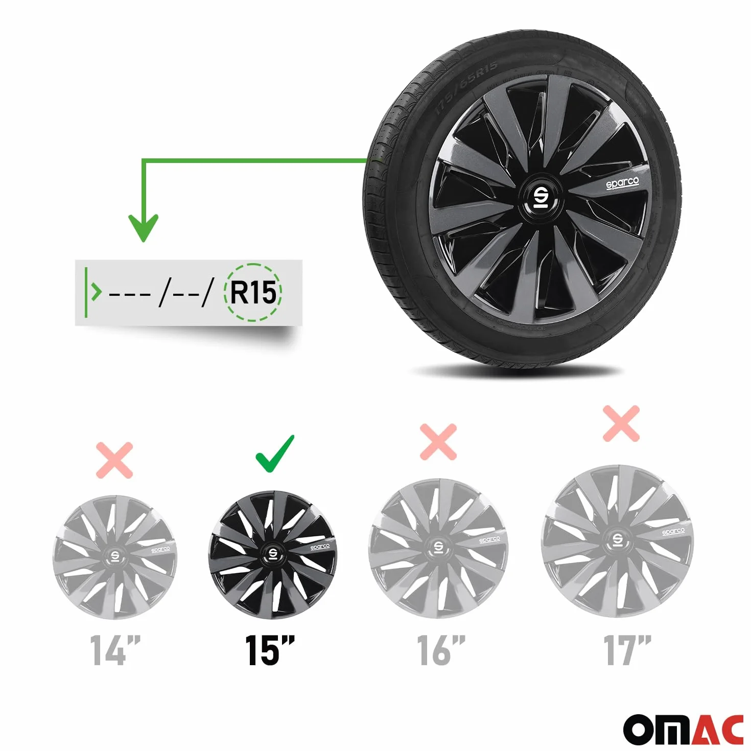 Sparco Set 4 copricerchi 15" pollici copriruota auto Lazio SPC1591BKGR nero grigio
