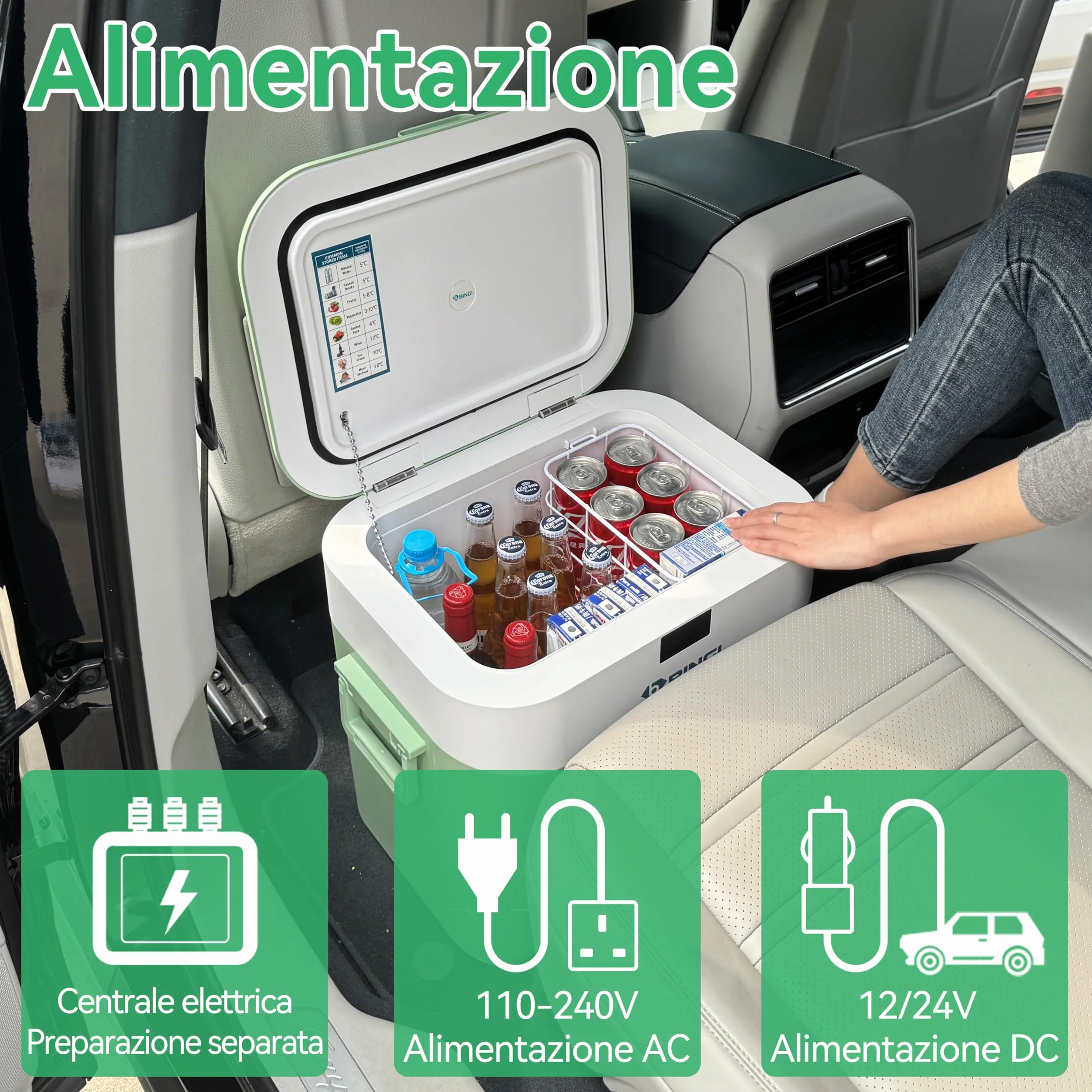BINGI Frigorifero Portatile 22L con Compressore, -18℃ a +15℃, 12V/24V/220V per Camper Van Camion Barca
