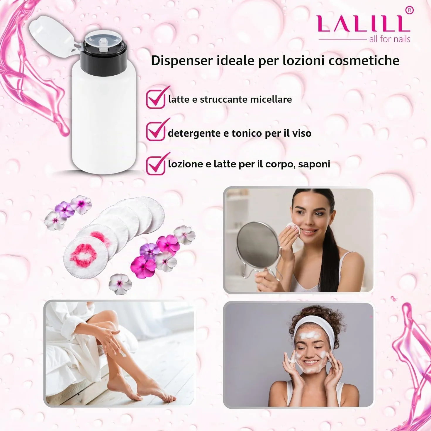 LALILL Flaconi Dosatori 2x200ml - Dispenser con Pompa per Liquidi Cosmetici - Acetone Cleaner Shampoo Lozione - Uso Professionale e Domestico