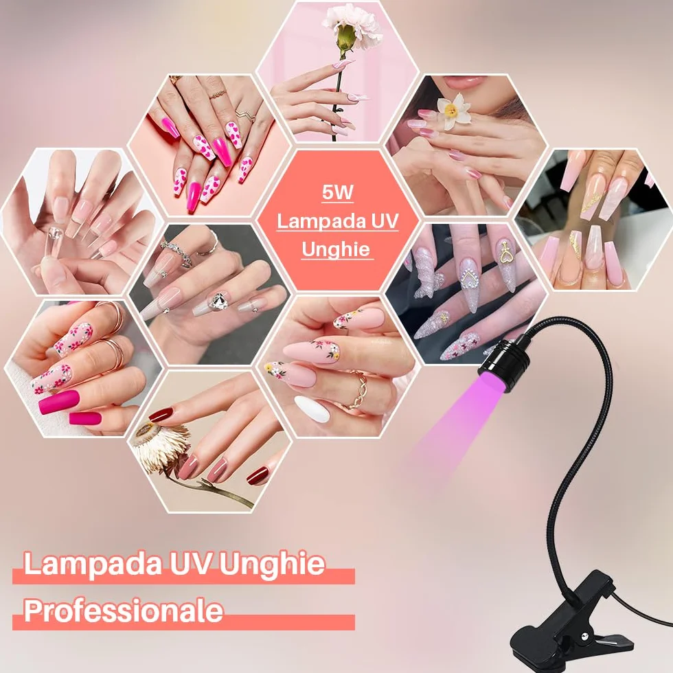 Lampada Unghie LED UV Professionale,5W Lampada a LED UV per Manicure,Mini Lampada UV professionale per Asciugatura Unghie a Clip,Lampada UV per Colla,Unghie Finte,Gel Ricostruzione Unghie