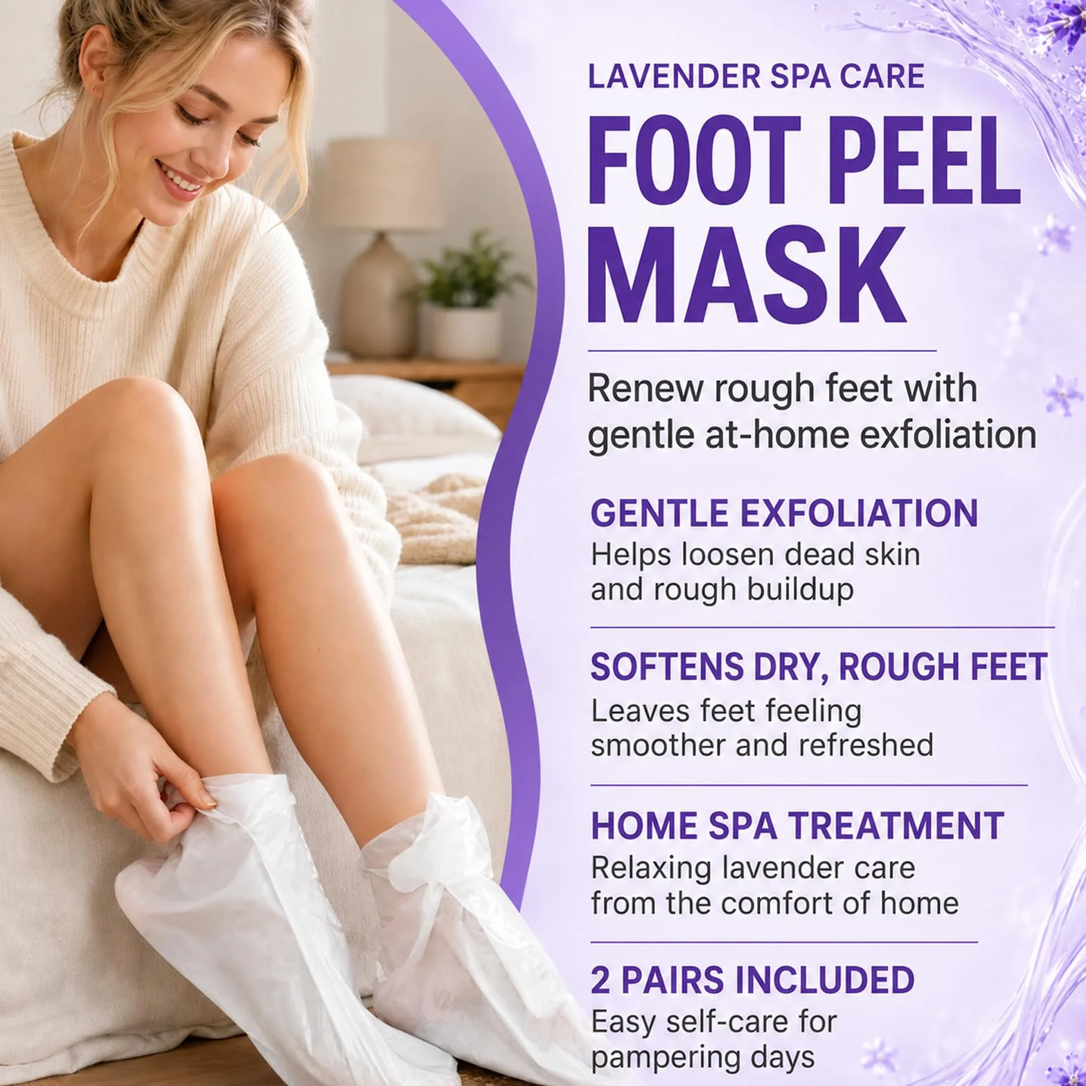 2 Paia Maschera Piedi Esfoliante, Peeling Piedi Idratante, Cura dei Piedis Secchi e Talloni Screpolati, Calzini Nutrienti con Olio, Per i Piedis Per Uomini e Donne (Lavanda)