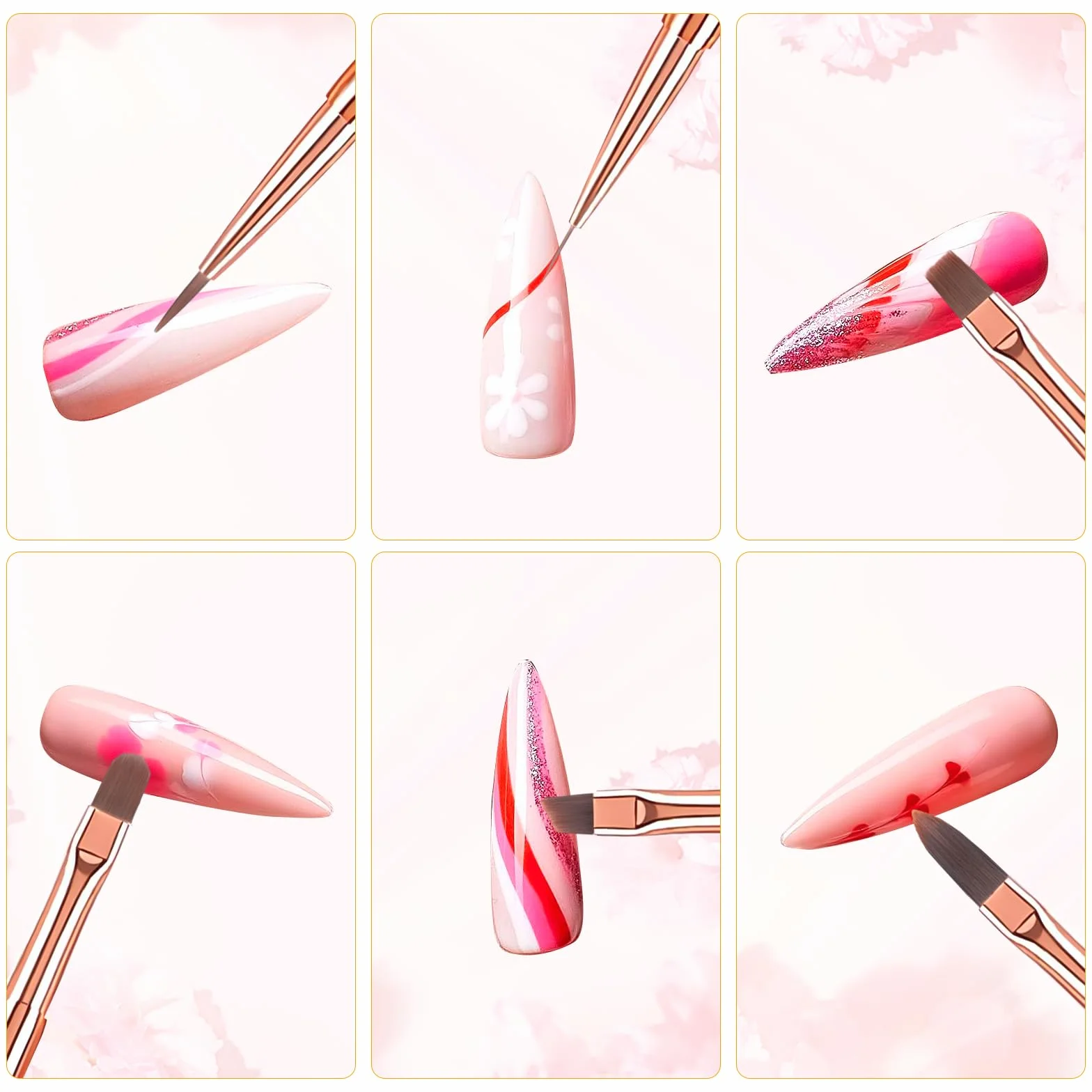 6 Pezzi Pennelli per Unghie, Penelli Unghie Professionali Set, con Manico con Strass e Setole in Nylon per principianti professionisti