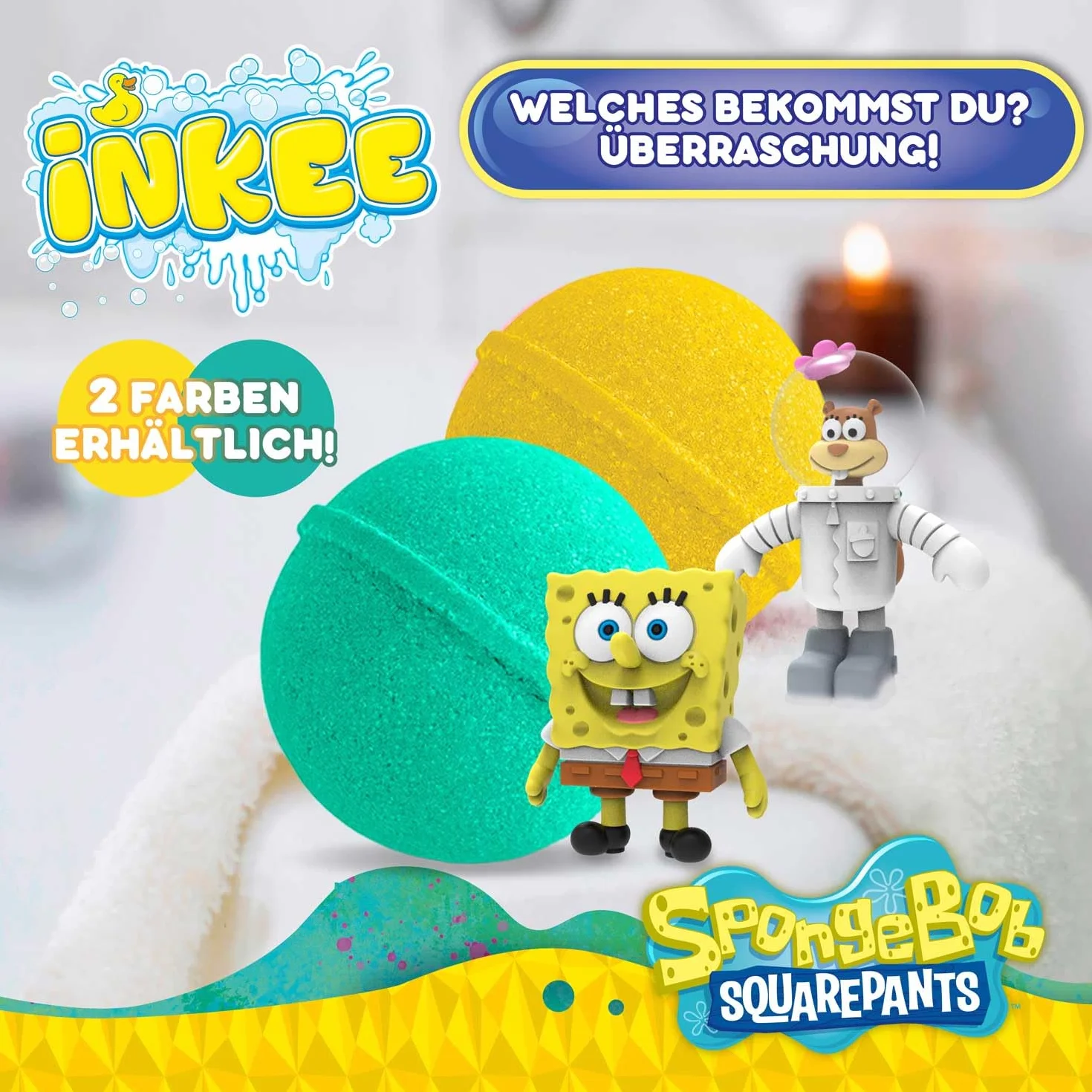 INKEE SpongeBob SquarePants confezione da 5 bombe da bagno per bambini con sorpresa - figure collezionabili di SpongeBob - 5x sfere da bagno da 80 g al gusto di gomma da masticare e olio di jojoba