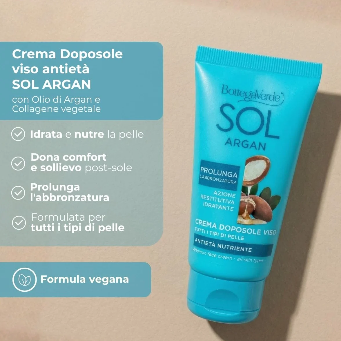 Bottega Verde - SOL Argan, Crema Viso Doposole, 50 ml, Antietà Nutriente, Prolunga l’Abbronzatura, Idrata e Dona Sollievo, con Olio di Argan e Collagene Vegetale, Per Tutti i Tipi di Pelle