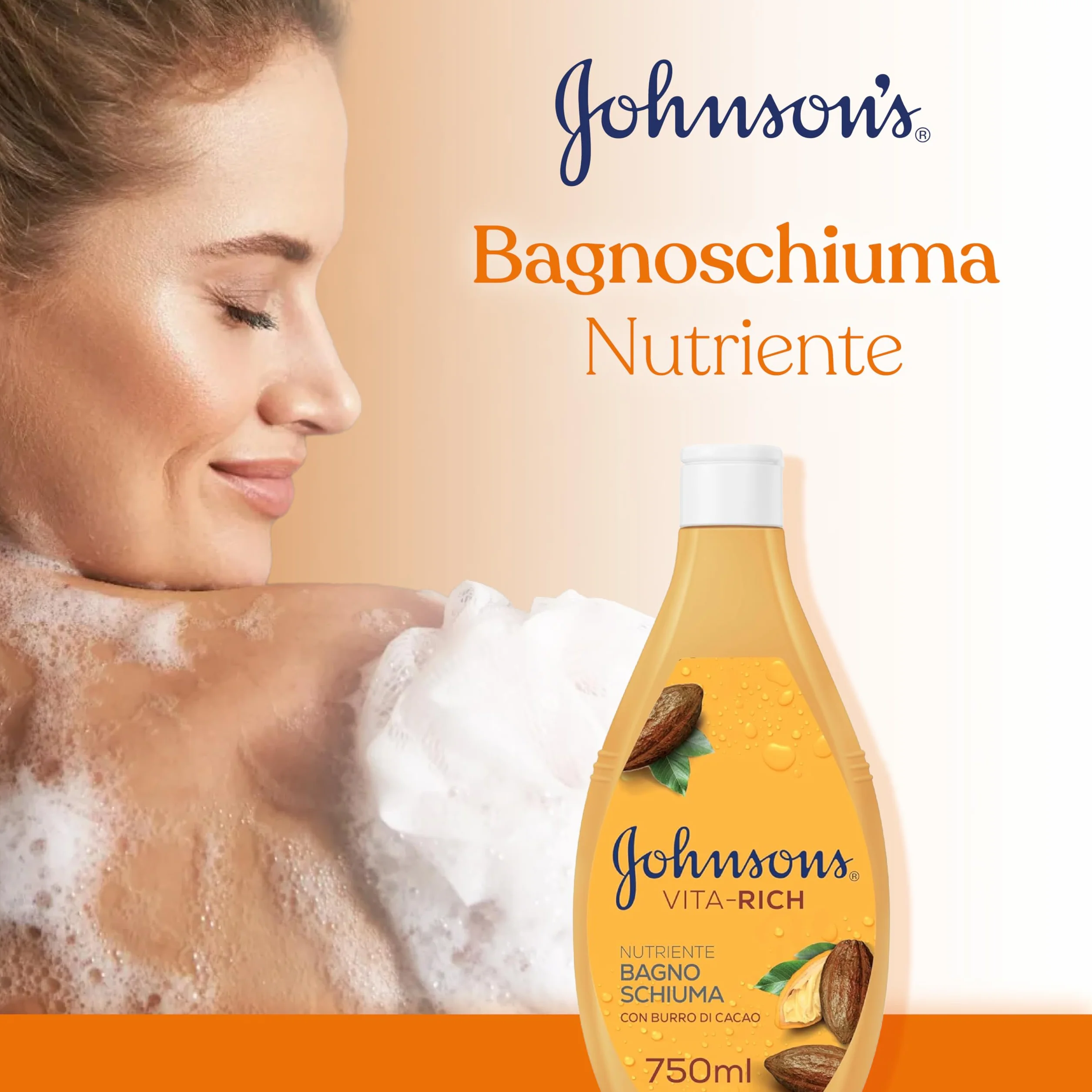 Johnson's Vita-Rich Bagnoschiuma Nutriente, Bagnodoccia con Burro di Cacao e Glicerina di origine vegetale, Docciaschiuma delicato e idratante per una pelle profumata e dall'aspetto sano, 750 ml
