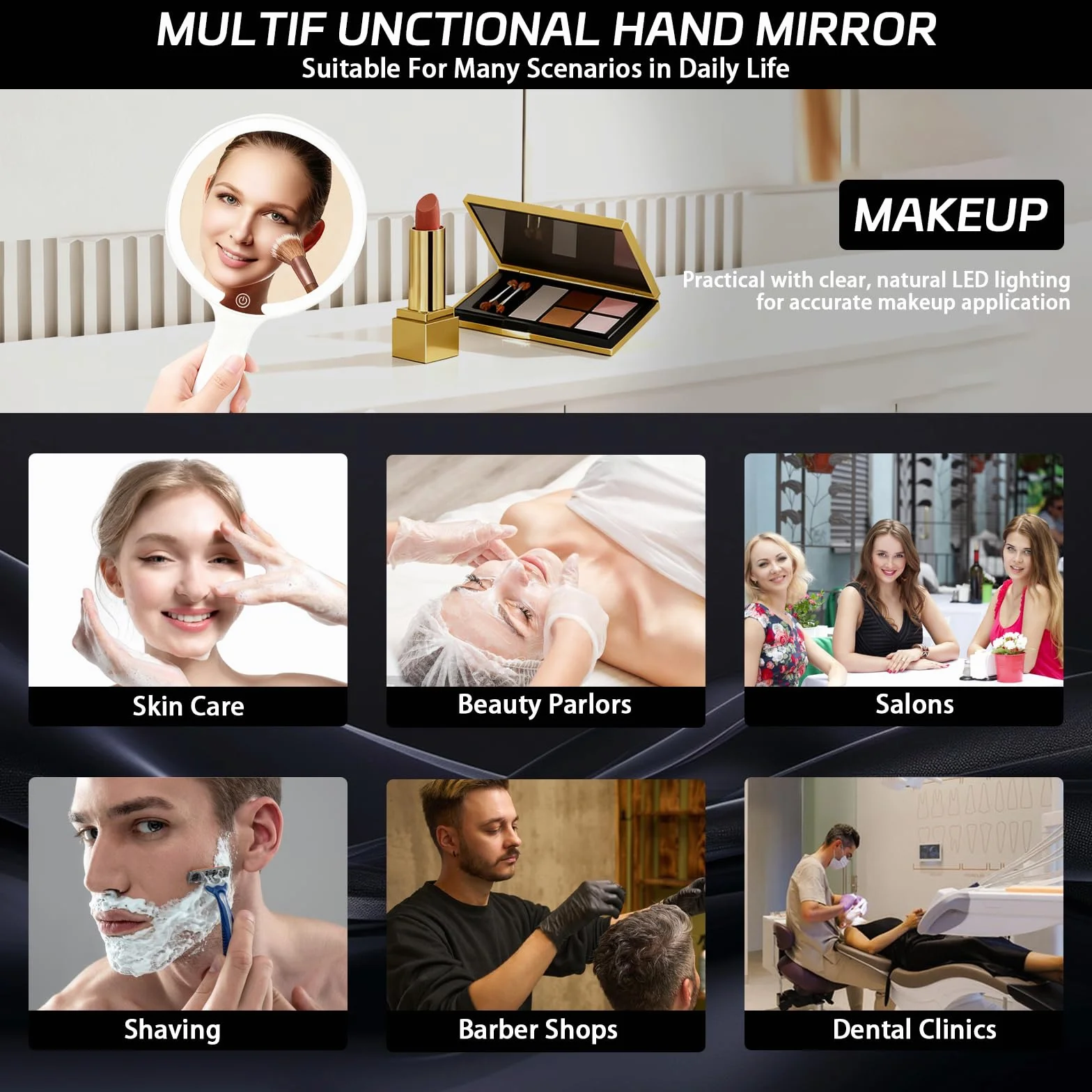 Specchio a Mano con Luce, Specchio da Trucco Ricaricabile Portatile, Interruttore Tocco, 3 Colori Chiari